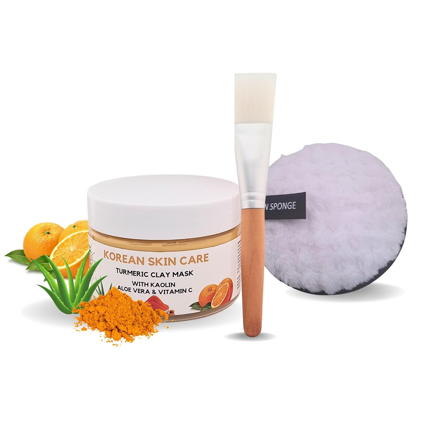 Korean Skin Care – Organic Turmeric Clay Mask Kit with Kaolin, Aloe Vera, Vitamin C, Shea Butter, Cruelty Free – Wooden Brush, Soft Cleansing Pad Cosmetic Remover