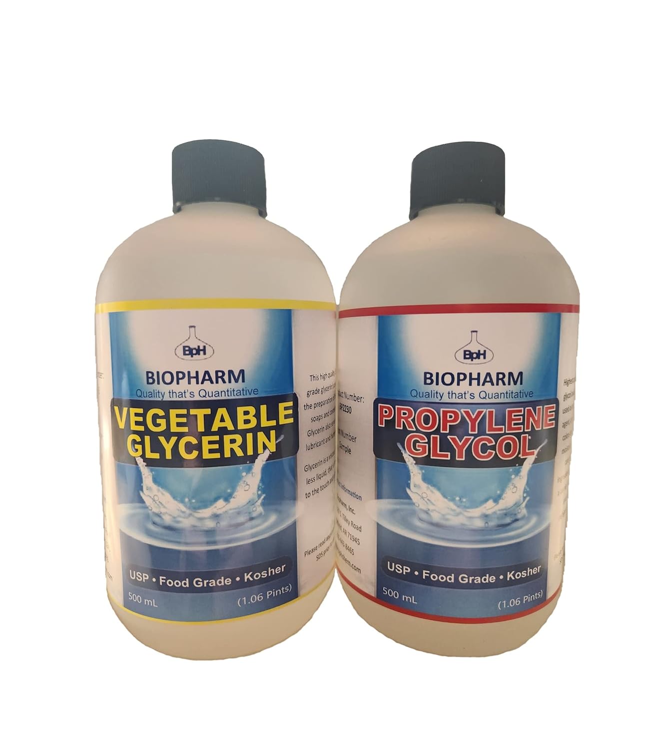 Propylene Glycol and Vegetable Glycerin Combo 2-Pack: one PG and one VG, 500 mL (1.06 Pint) Each — Food-Grade Kosher Liquids — Dispensing Caps Included