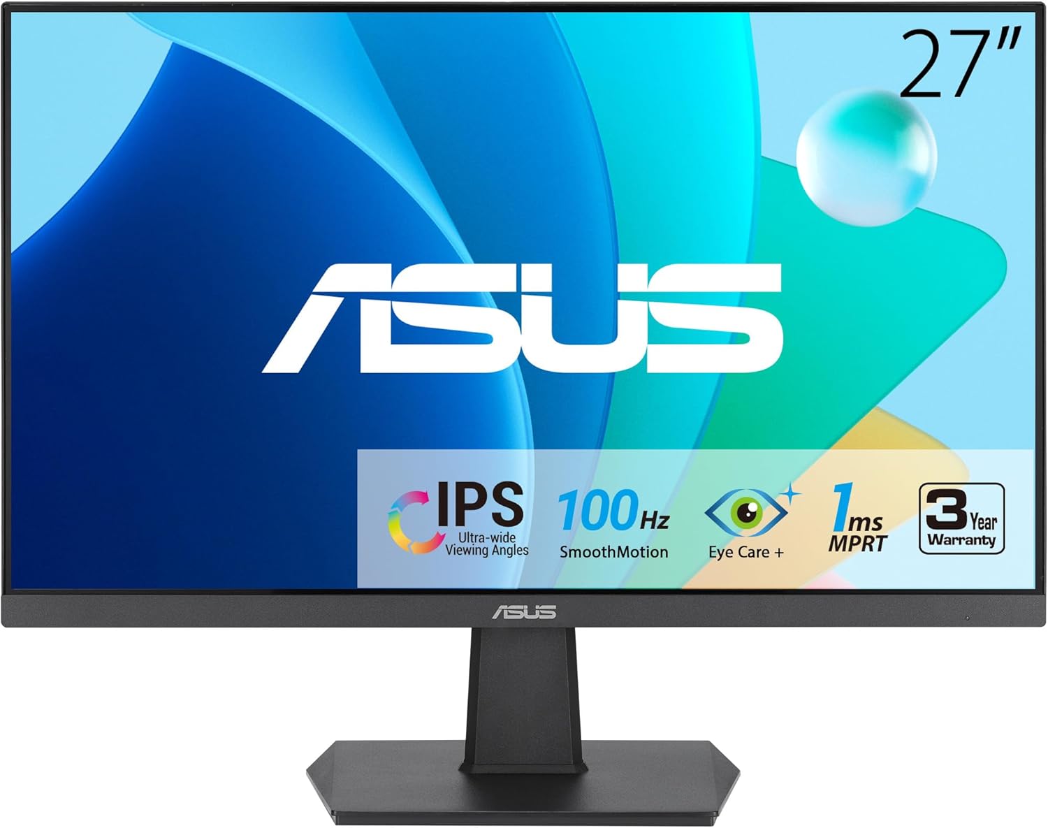 ASUS 27 Inch Monitor – 1080P, IPS, Full HD, Frameless, 100Hz, 1ms, Adaptive-Sync, for Working and Gaming, Low Blue Light, Flicker Free, HDMI, VESA Mountable, Tilt – VA27EHF,Black