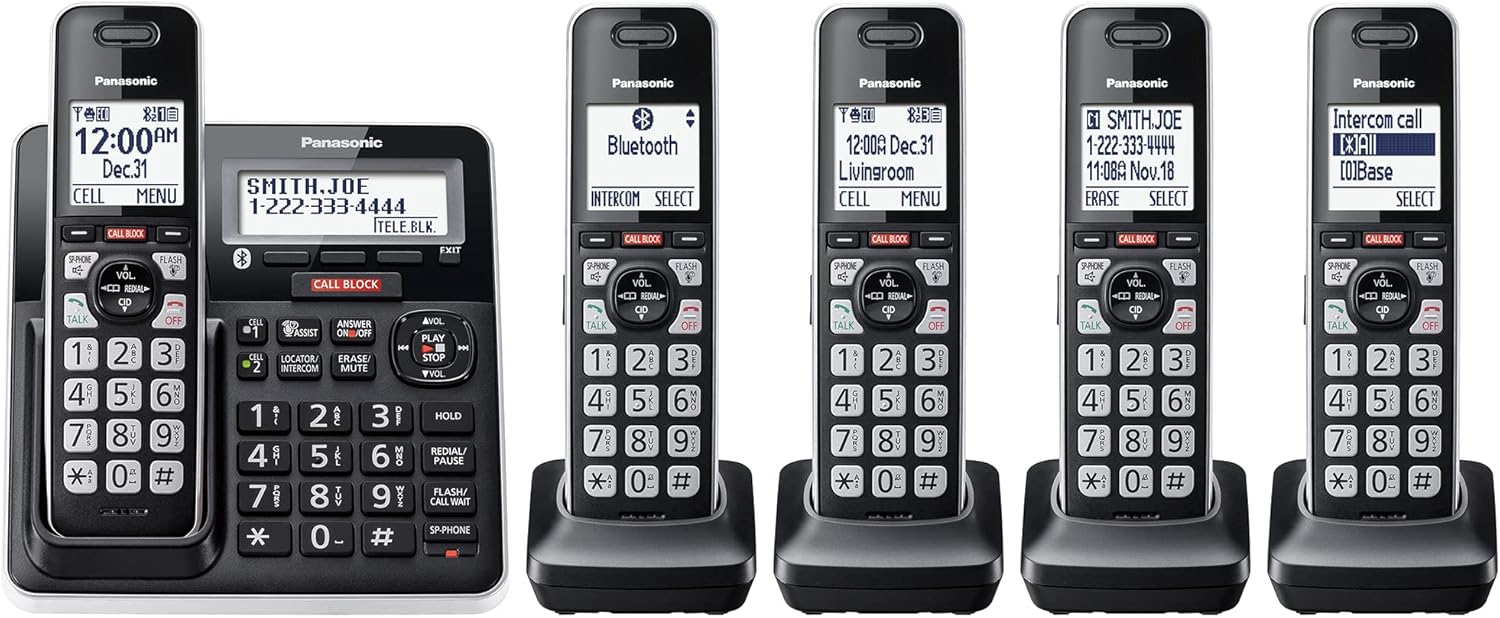 Panasonic Cordless Phone with Advanced Call Block, Link2Cell Bluetooth, One-Ring Scam Alert, and 2-Way Recording with Answering Machine, 5 Handsets – KX-TGF975B (Black with Silver Trim)