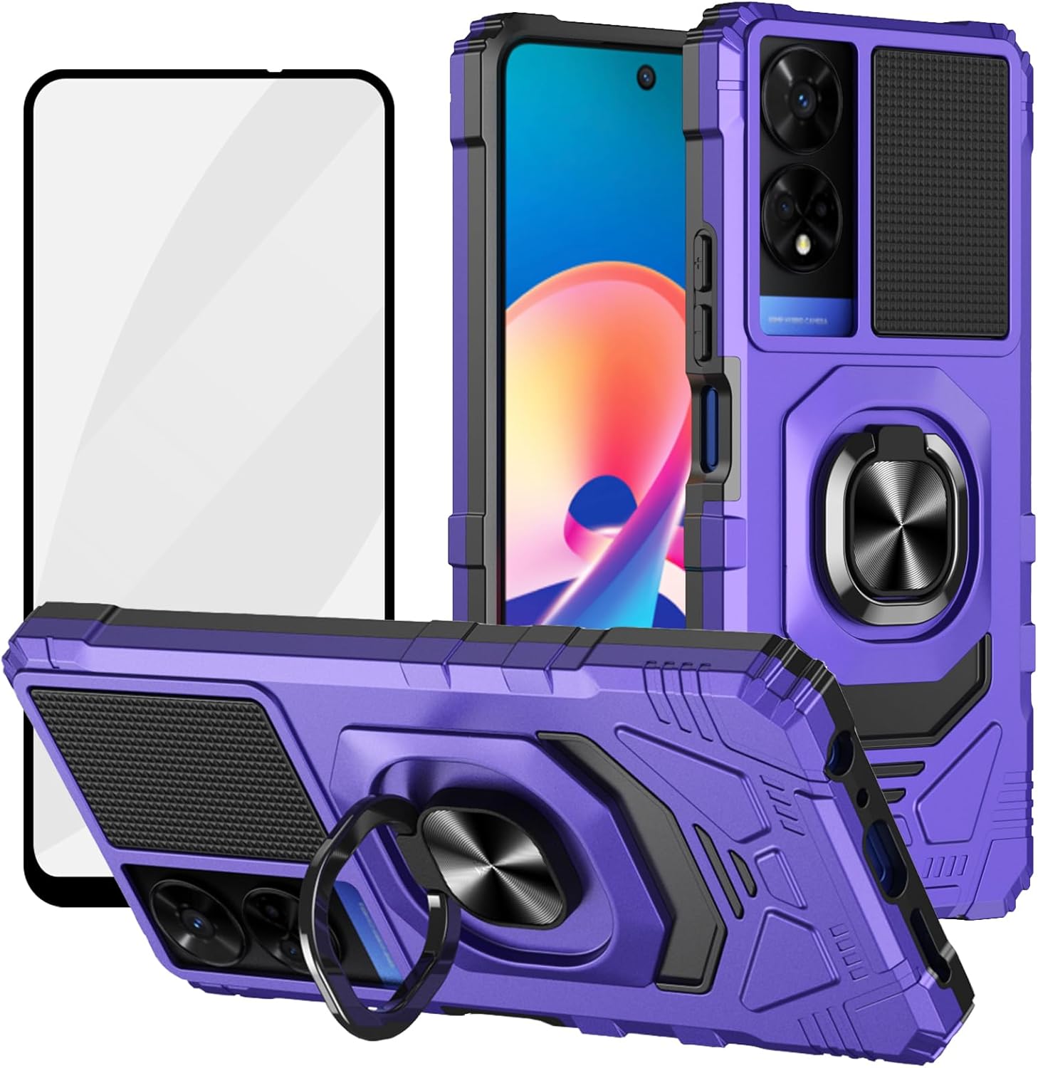 Ailiber for TCL 50 XE Cell Phone Case, TCL 50 XE Nxtpaper 5G Case with Screen Protector, Ring Kickstand for Magnetic Car Mount, Rugged Shockproof Heavy Duty Cover Case for TCL 50 XE-Purple