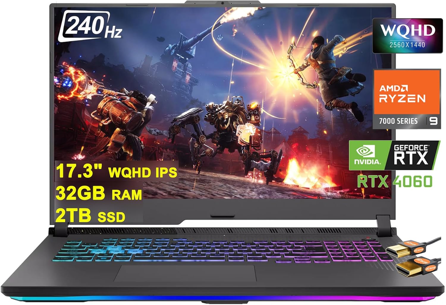 ASUS ROG Strix G17 G713 Gaming Laptop 17.3″ WQHD IPS 240Hz AMD 12-Core Ryzen 9 7845HX (Beat i9-12900H) 32GB RAM 2TB SSD GeForce RTX 4060 8GB USB-C RGB Backlit Fast Charging Win11 Black + HDMI Cable