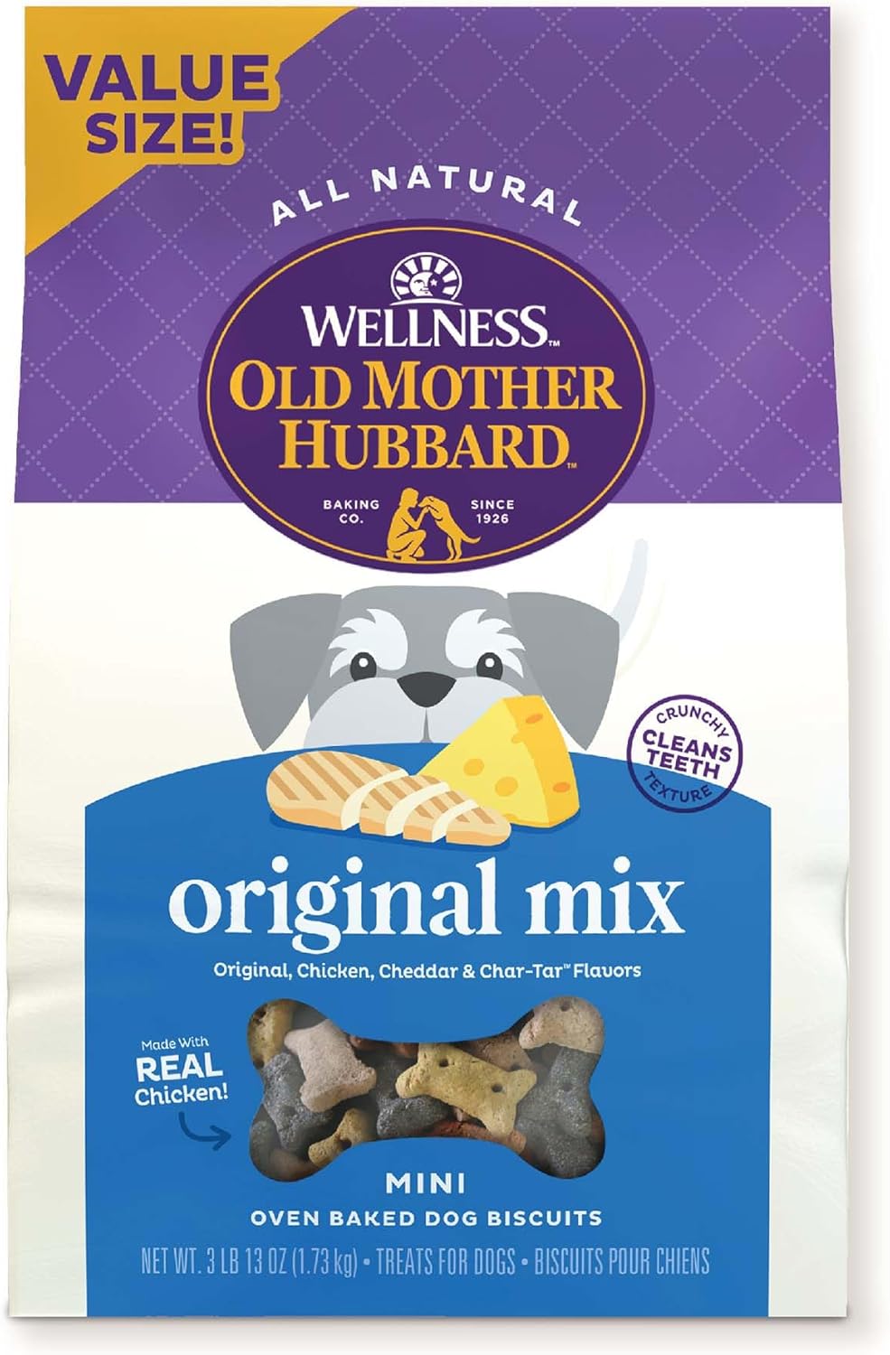 Old Mother Hubbard by Wellness Classic Original Mix Natural Dog Treats, Crunchy Oven-Baked Biscuits, Ideal for Training, Mini Size, 3 lbs 13 oz pound bag