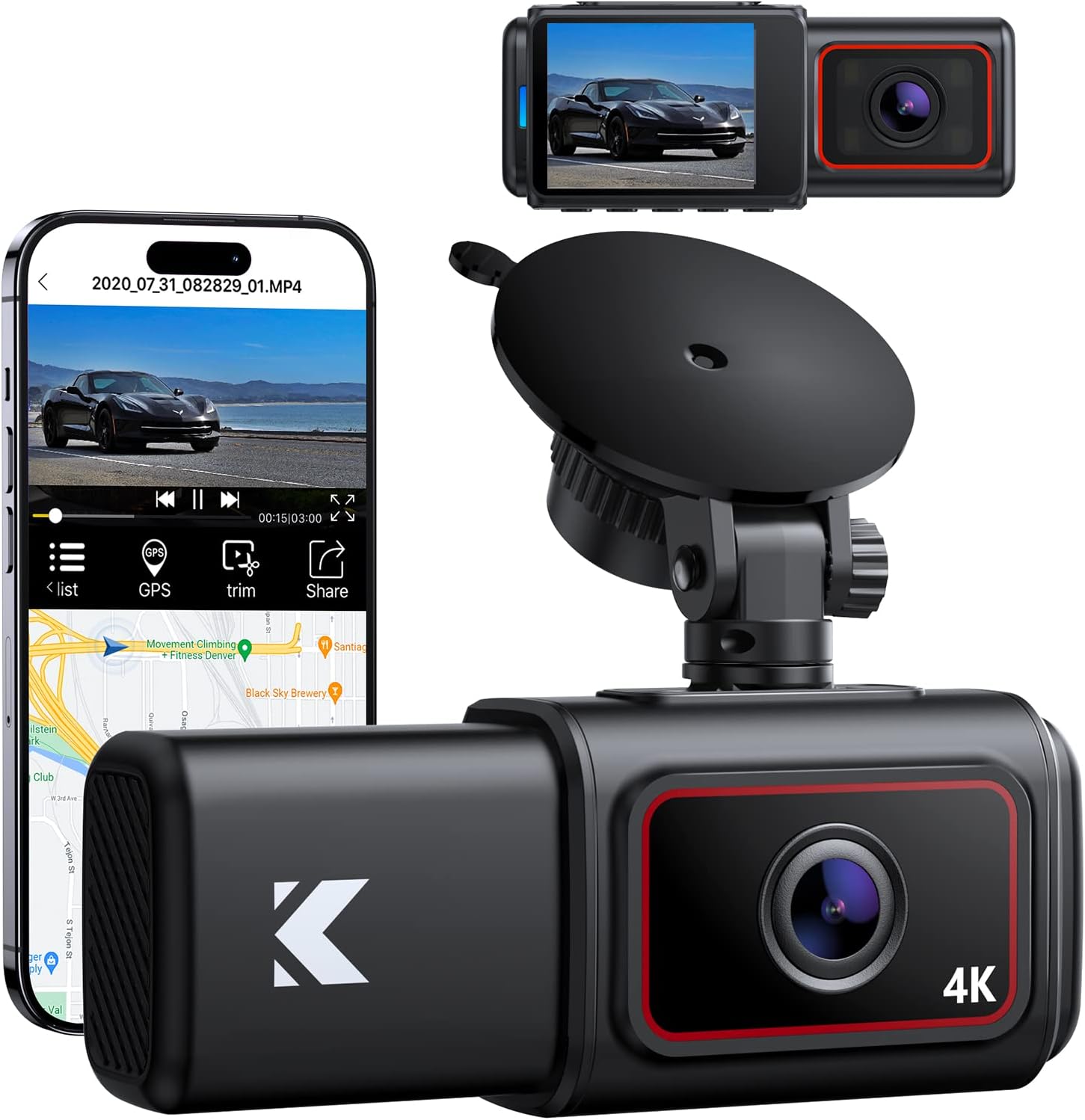 Kingslim D6-4K Dual Dash Cam – WiFi & GPS 4K Front and 1080P Inside Type-C Uber Car Camera with Super Night Vision and 24-Hour Parking Monitor, 3 Channel Dash Cam Optional, Black