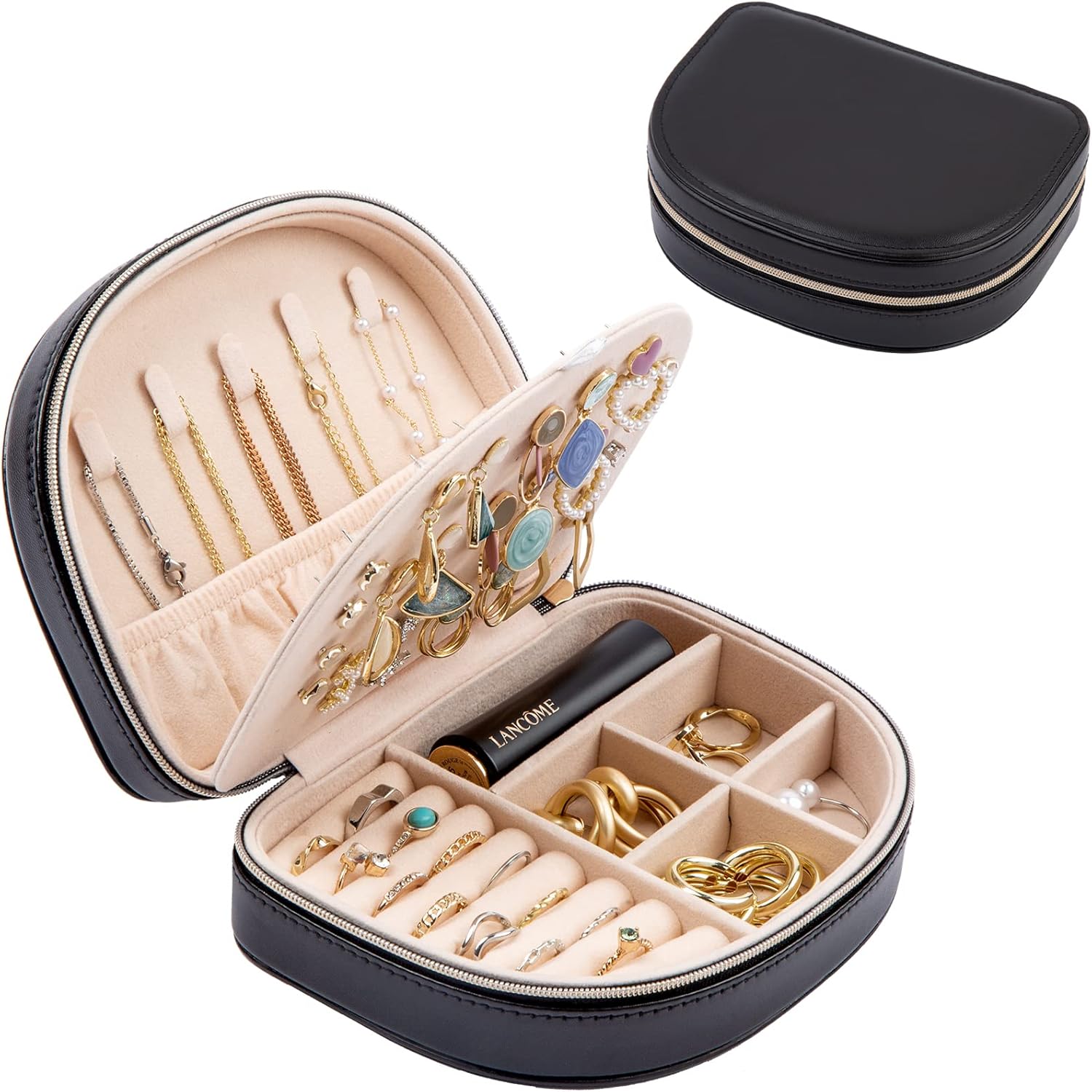 ProCase Travel Size Jewelry Box, Small Portable Seashell-Shaped Jewelry Case, 2 Layer Mini Jewelry Organizer in PU Leather for Women -Black