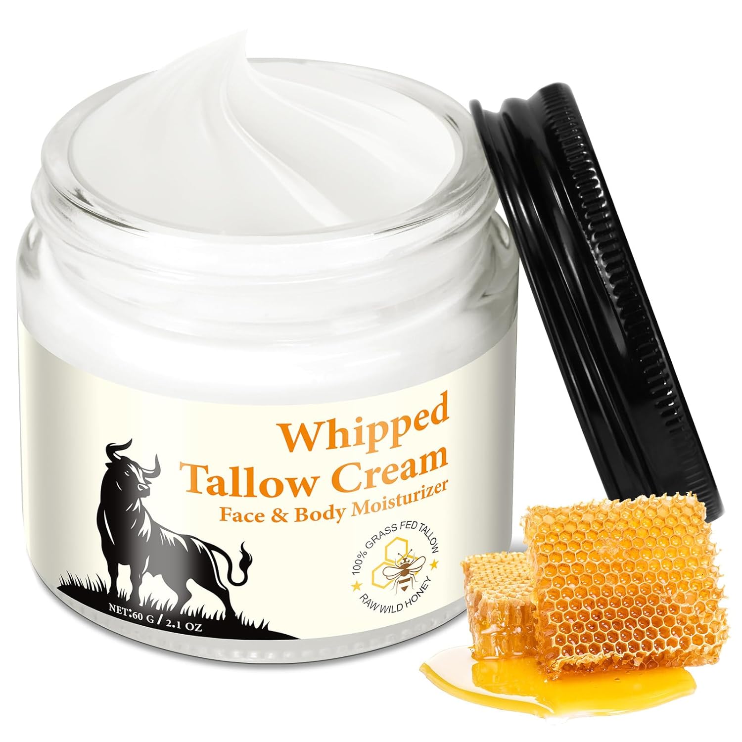 Tallow Honey Balm for Skin Care, 100% Grass Fed Beef Whpped Tallow with Vitamin A/D/E/K/B12 for Face & Body, Hydrating & Soothing Moisturizer 2.1 Oz/60 G