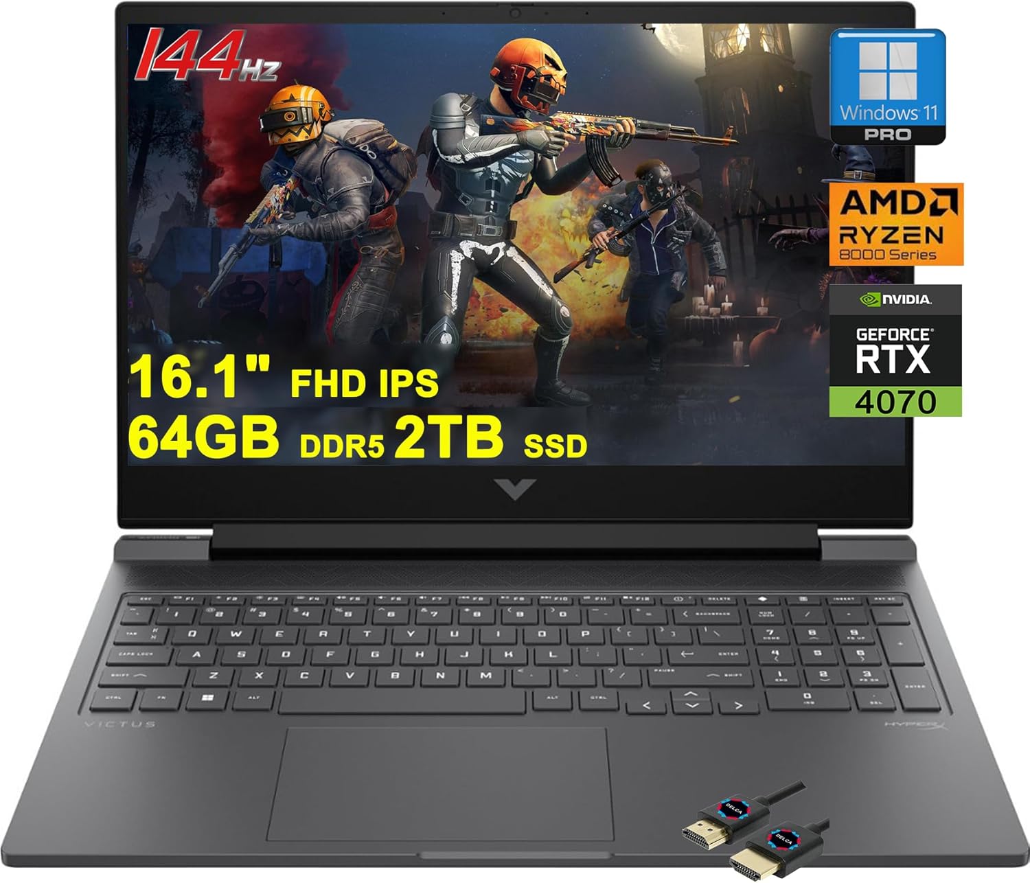 HP Victus 16 Gaming Laptop | 16.1″ FHD 144Hz | AMD 8-Core Zen 4 Ryzen 7 8845HS (>i7-12700H) | 64GB DDR5 2TB SSD | GeForce RTX 4070 Graphic | Backlit USB-C FHD Privacy Camera Win11Pro + HDMI Cable