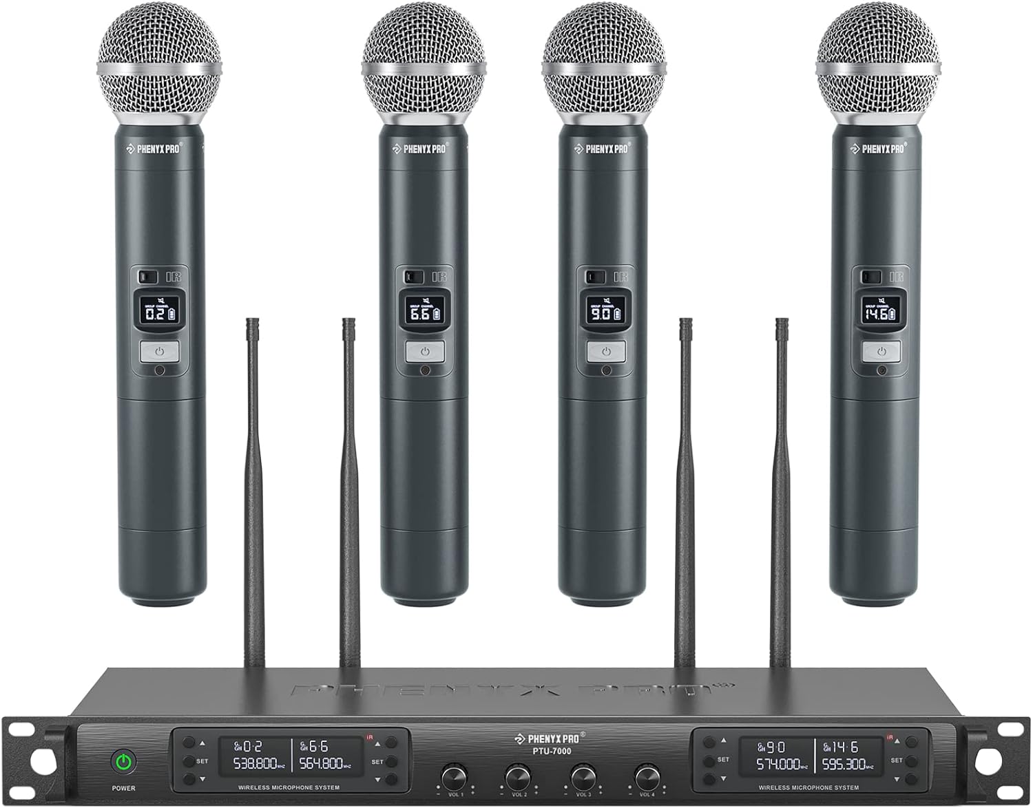 Phenyx Pro Wireless Microphone System, Quad Channel Wireless Mic, w/ 4×40 UHF Frequencies, Auto Scan, 328ft Long Range, 4 Handheld Dynamic Microphone for Singing, Church, Karaoke (PTU-7000-4H)