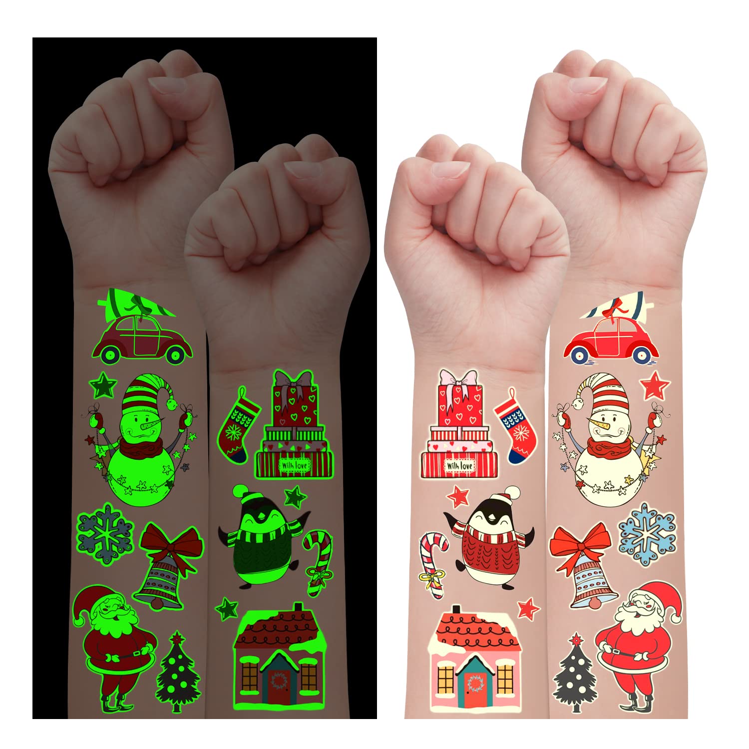 Partywind 235 Styles Glow Christmas Tattoos for Kids Stocking Stuffers, Luminous Christmas Party Decorations Supplies Favors, Holiday Party Games Toys, Santa Snowflake Decor (24 Sheets)