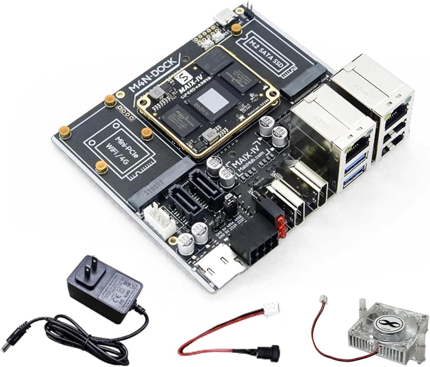 Sipeed M4N-Dock 64bit LPDDR4X 8GB Linux Single Board Computer, AI Edge Computing NVR Developer Kit, onboard AX650N CPU 10.8TOPS NPU Gigabit Ethernet, Support 32-Channel 1080P Video Decoding