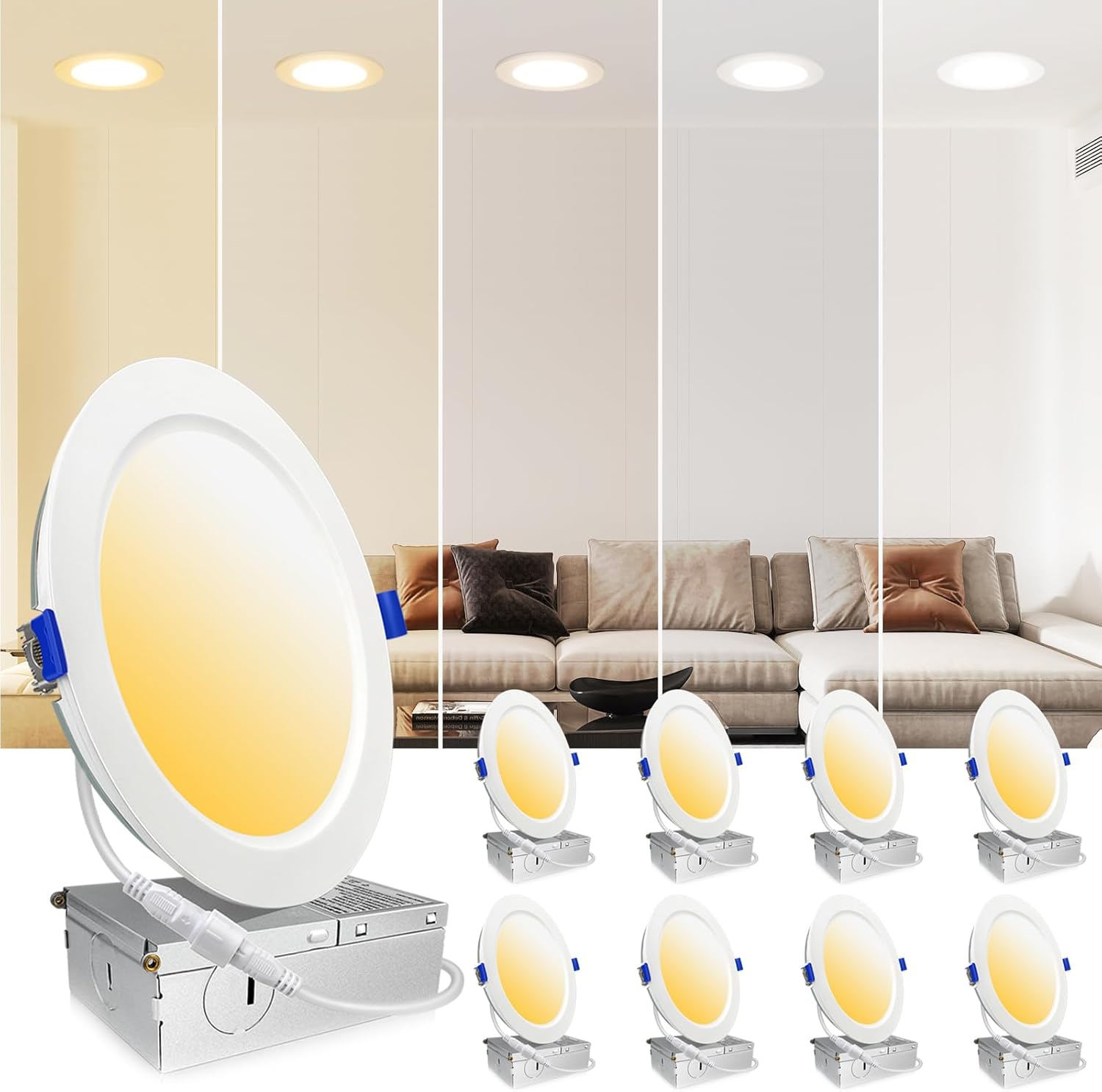 8 Pack 6 Inch 16W MAX.2000LM LED Recessed Lighting with Junction Box, Eqv 200W,2700K/3000K/3500K/4000K/5000K Selectable,Dimmable, Free of Can Housing,Flush Mount Downlight-ETL & Energy Star