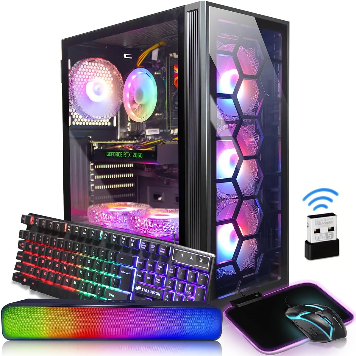 STGAubron Gaming Desktop PC,Core i7 3.4G up to 3.9G,GeForce RTX 2060 Super 8G,32G,1TB SSD,WiFi,BT 5.0,RGB Keybaord,RGB Mouse Pad,RGB BT Sound Bar,RGB Bluetooth Headset Mic,W10H64