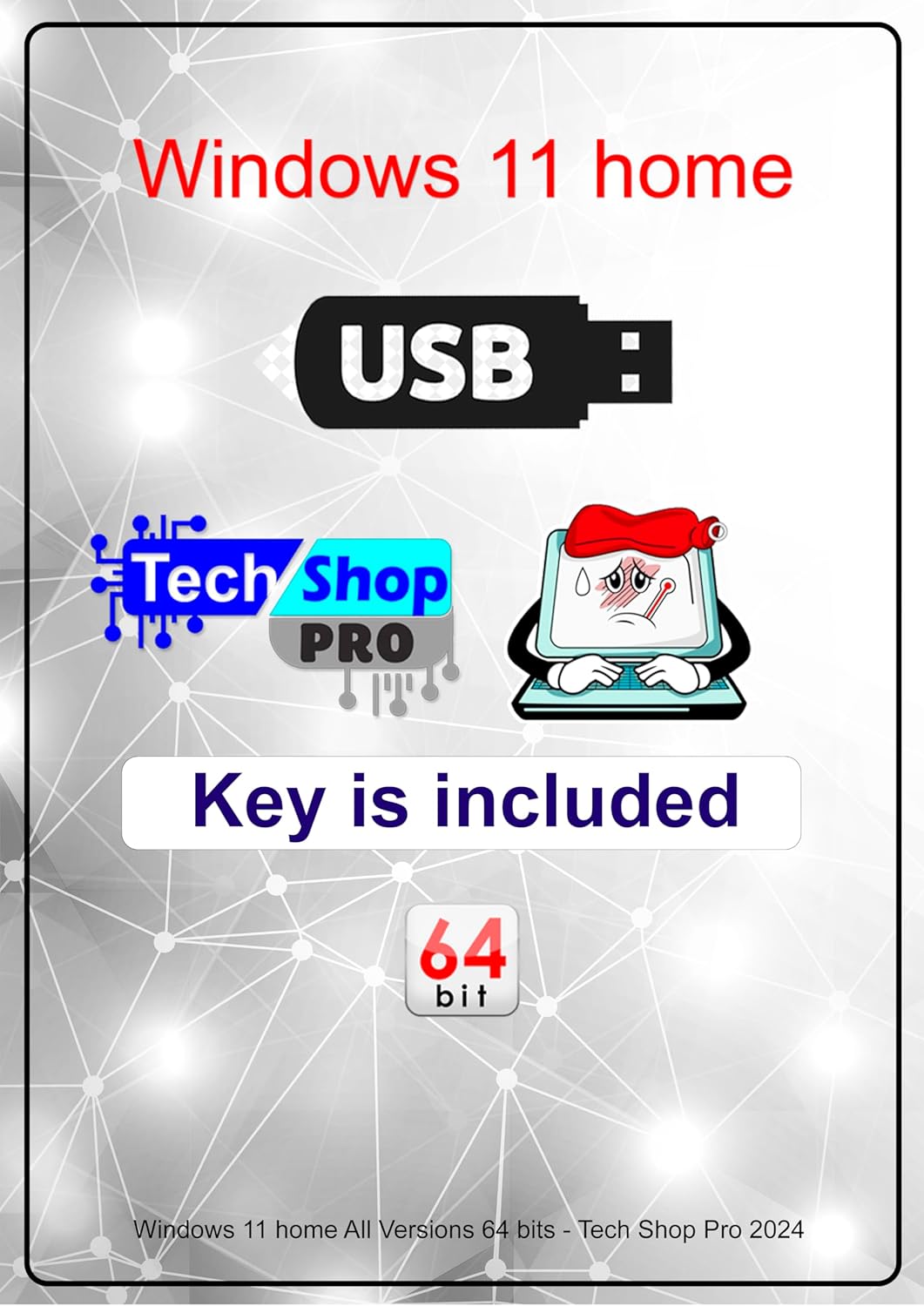 Tech-Shop-pro install Key Included USB For Windows 11 Home Version 32/64 bit. Recover, Restore, Repair Boot USB, and Install to Factory Default Fast and easy Free Technical Support.