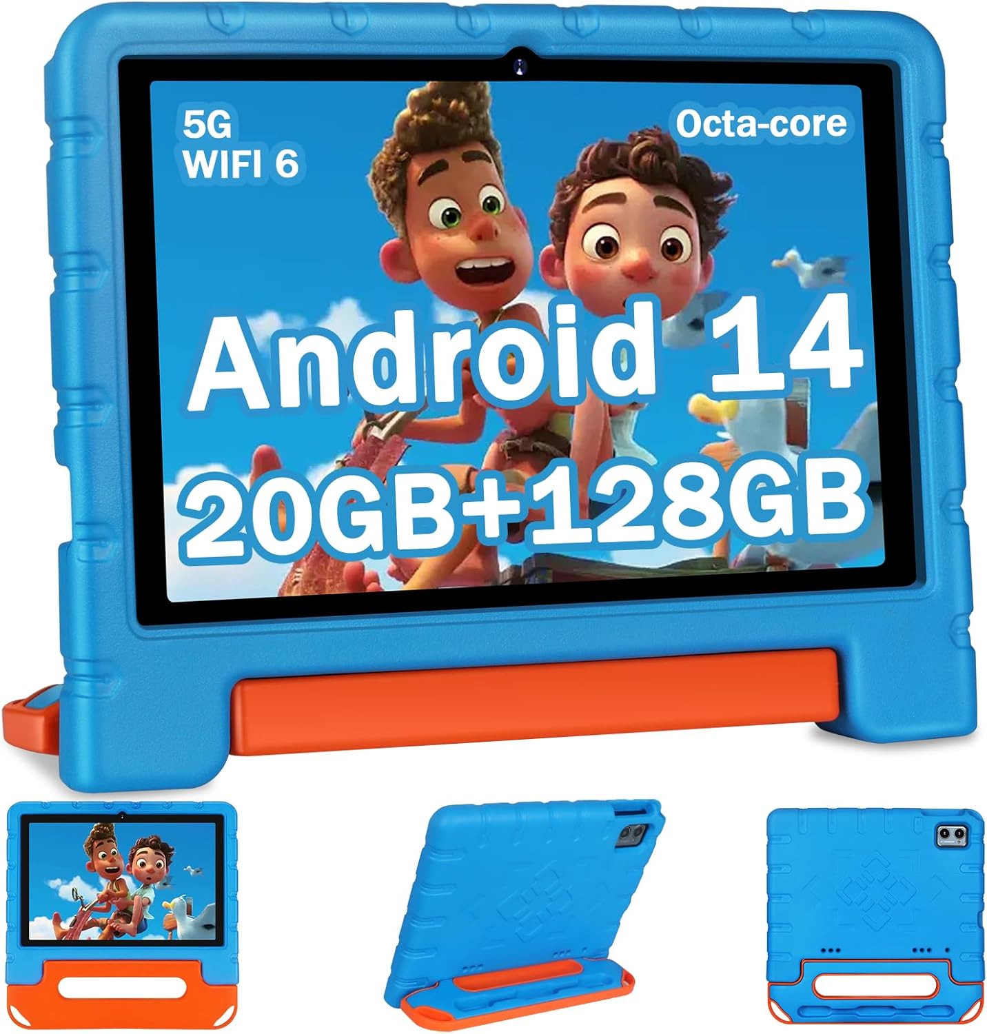 2025 Kids Tablet 10 inch Android 14 Tablets for Kid Octa-Core, 20GB+128GB (TF 1TB), Toddler Tablet with Shockproof Case, 2.4G+5G WiFi 6, Parental Control, Face Unlocked, Split Screen, BT5.0 (Blue)