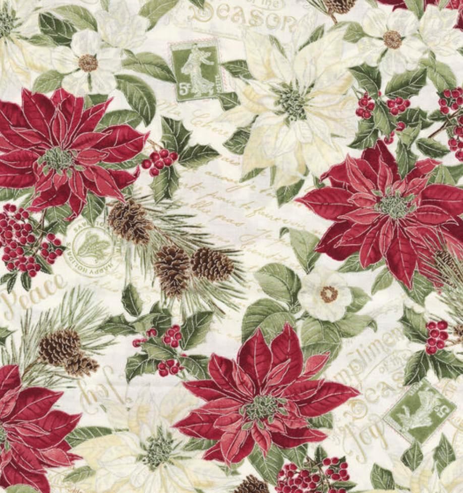 Traditional Christmas Poinsettia and Pinecone Cotton Precut Fabric – One Yard