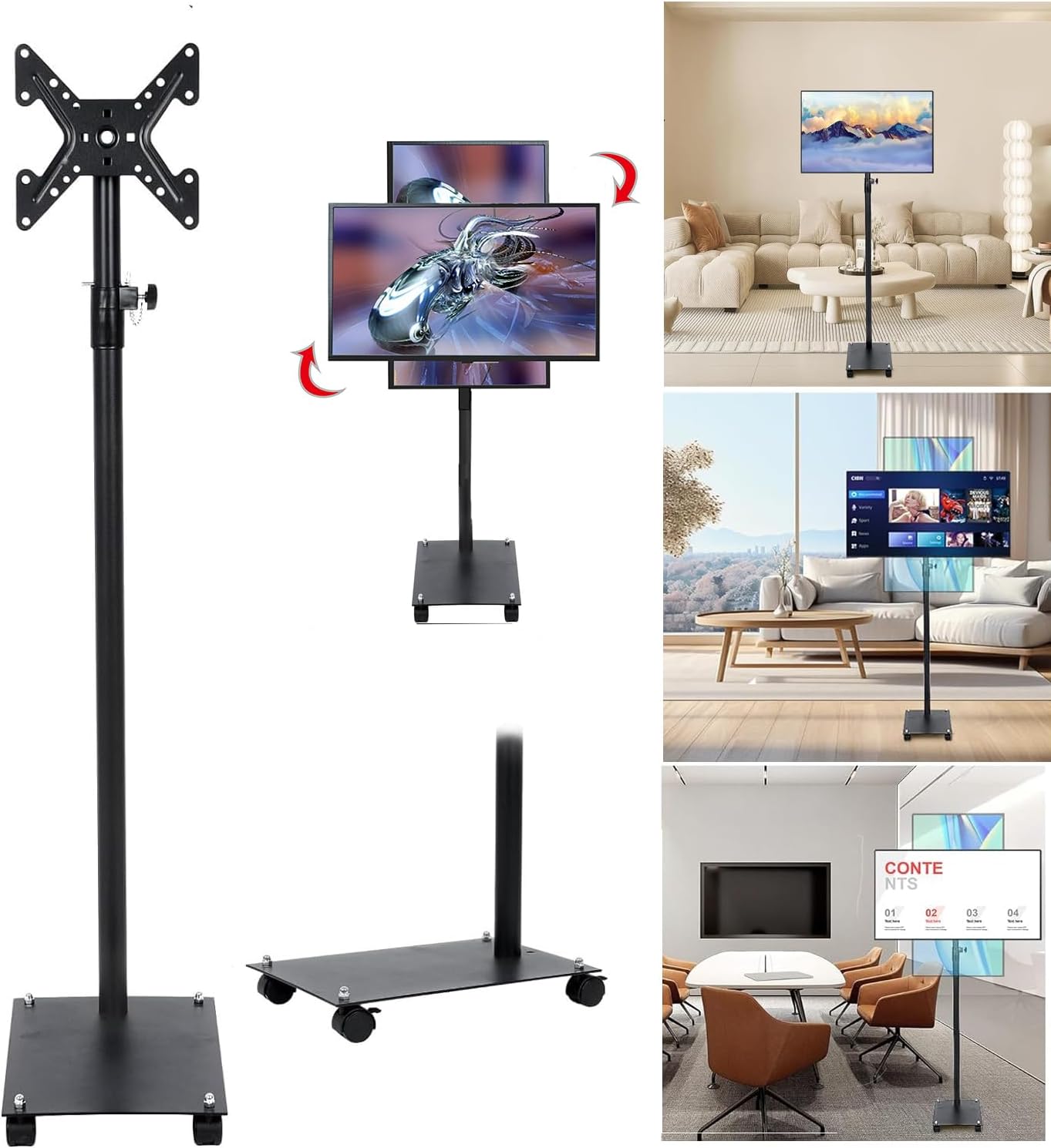 MYOYAY TV Floor Stand with Locked Wheels, Free Standing VESA TV Mount Stand with Height Adjustable 360 Degree Swivel Floor TV Stand for 12 to 43 inch TVs Space Saving for Bedroom Living Room Corner