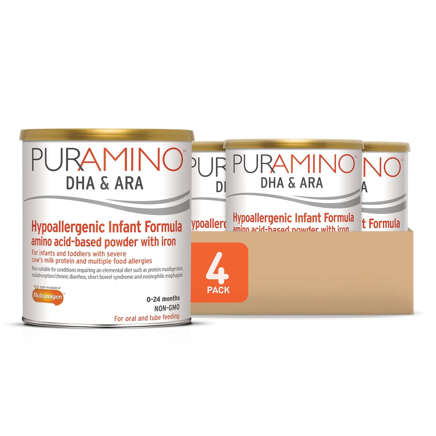 PurAmino Hypoallergenic Infant Drink, for Severe Food Allergies, Omega-3 DHA, Iron, Immune Support, Powder Can, 14.1 Oz (4 Count)