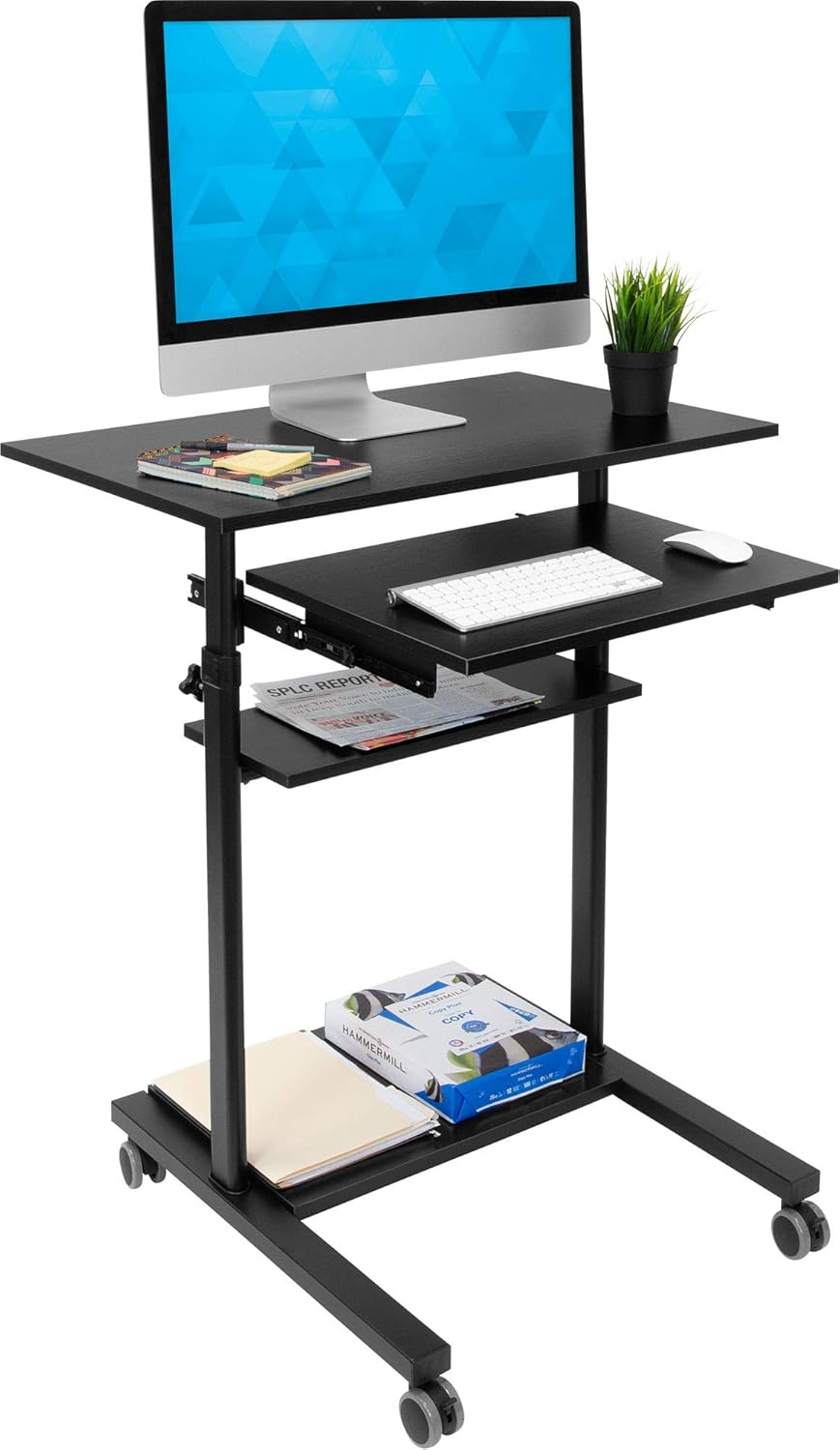 Mount-It! Mobile Standing Desk with Retractable Keyboard Platform | Height Adjustable Stand Up Computer Workstation | Locking Wheels, 99 Lbs Capacity