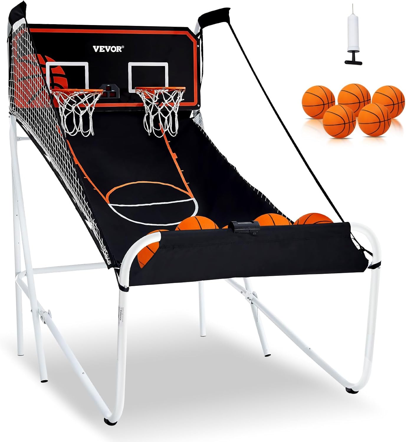 VEVOR Foldable Basketball Arcade Game, 2 Player Indoor Basketball Game, Home Dual Shot Sport with 5 Balls, 8 Game Modes, Electronic Scoreboard, and Inflation Pump, for Kids, Adults (Black & White)