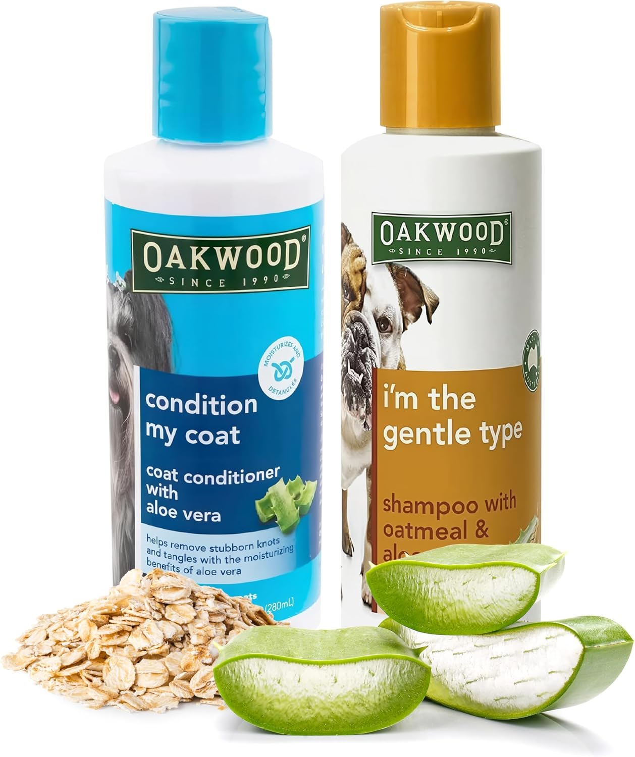 Oakwood Natural Aloe Vera Coat Conditioner & Tearless Oatmeal Shampoo Cleansing Wash for Pets – Hypoallergenic Pet Dog & Cat Grooming Supplies Set for Itching, Dry Skin, Detangling, Deodorizing