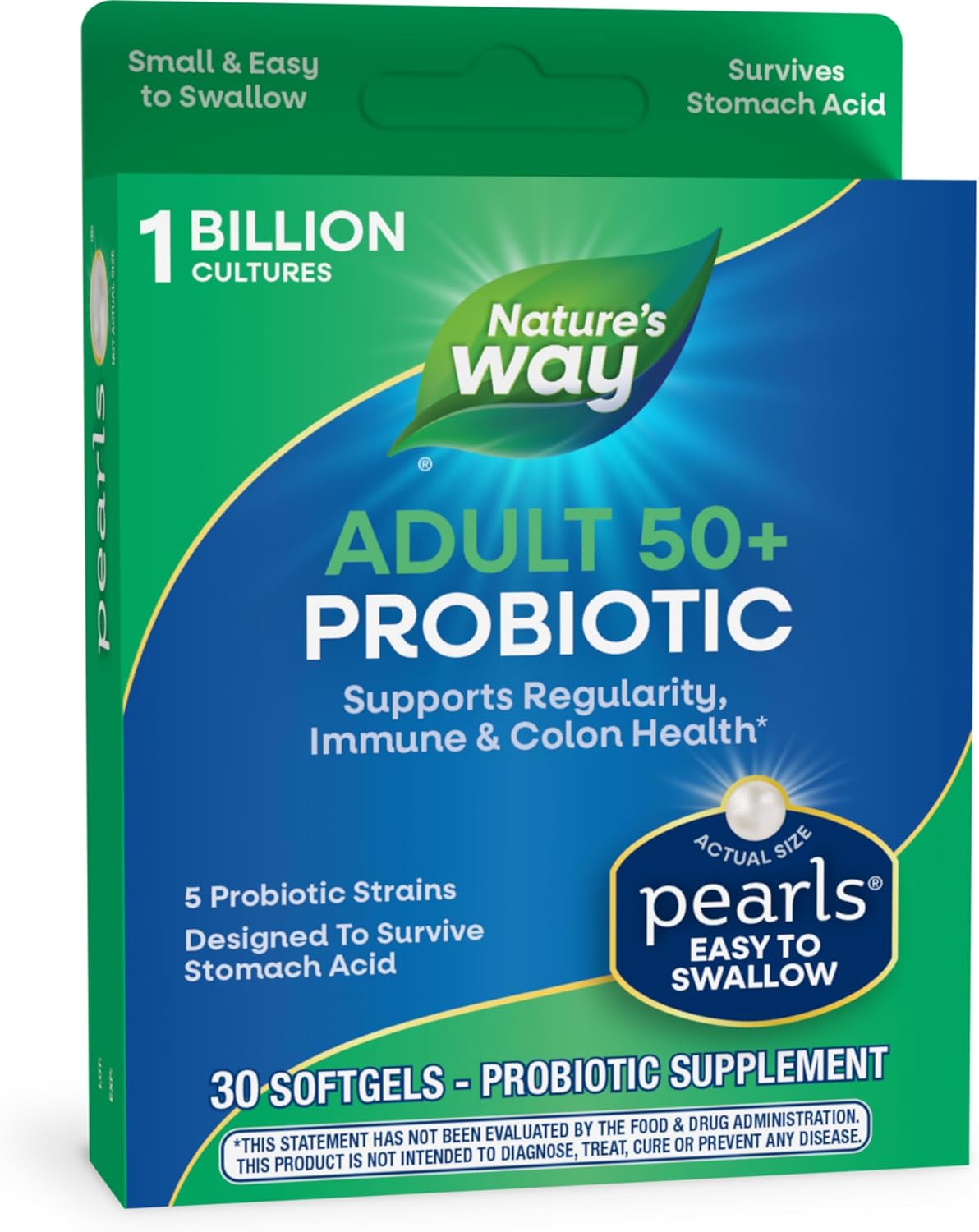 Nature’s Way Adults 50+ Probiotic Pearls, Supports Regularity, Immune and Colon Health*, 1 Billion Cultures, No Refrigeration Required, 30 Softgels (Packaging May Vary)