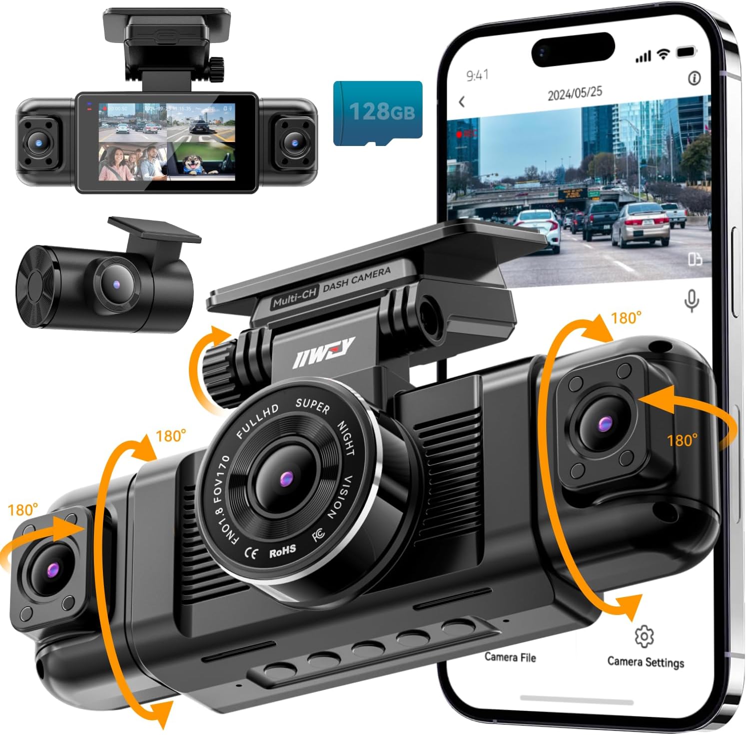 IIWEY N5 4 Channel Dash Cam 360° View, 1080P Front and Rear Inside, Left Right Dash Camera for Cars, 8 IR Lamps Night Vision, 5G WiFi & APP Control, G-Sensor, Parking Mode, with a Free 128GB SD Card