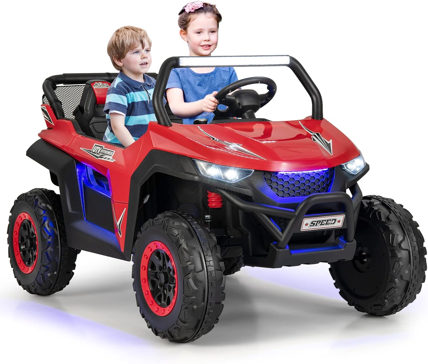 Costzon 2-Seater Ride on Car for Kids, 12V Kids’ Electric Vehicles w/Remote Control, 4 Shock Absorbers, Wireless Music & FM, 3 Speeds, Ambiance Lights, Kids Electric UTV, Electric Car for Kids (Red)