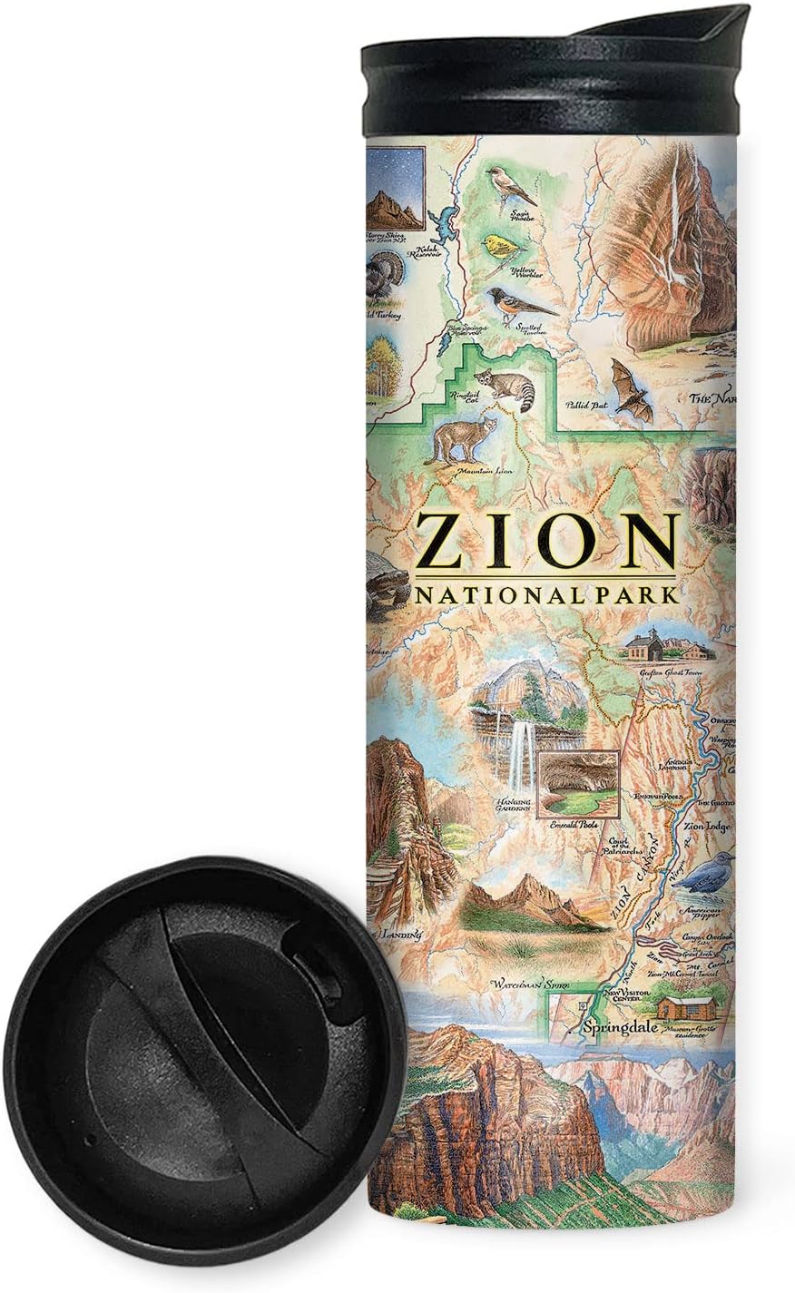 Zion National Park Map 16 Oz Travel Drinkware with Spill-Resistant Lid – Vacuum Insulated Double-Walled Stainless Steel Coffee Tumbler