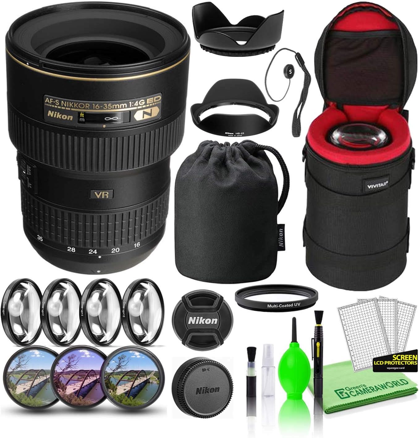 Nikon AF-S NIKKOR 16-35mm f/4G ED VR Zoom Lens (2182) Bundle Package with Padded Lens Case + Macro Filter Kit + UV, CPL, FL Lens Filters + Tulip Hood + Lens Cap Keeper + Lens Cleaning Kit