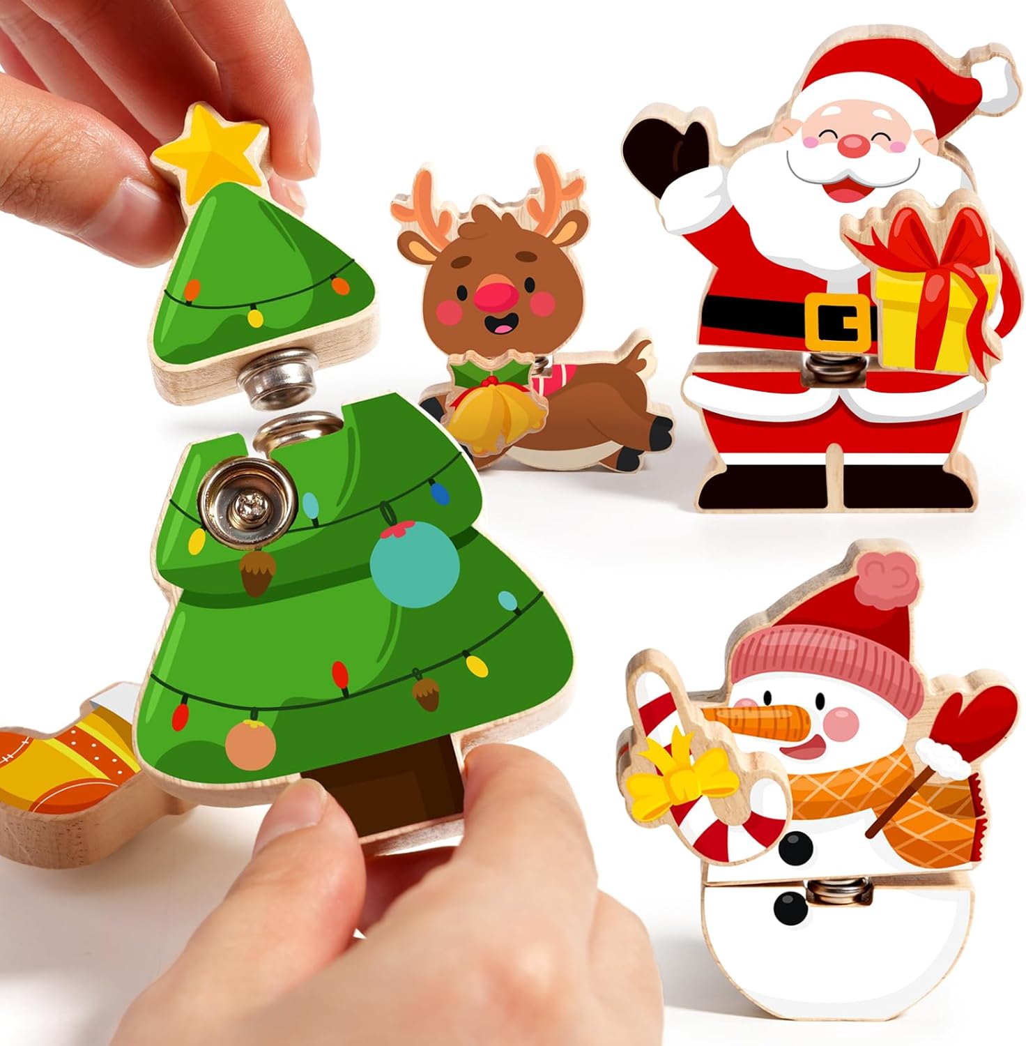 HUZU Christmas Snap Together Building Blocks Toy, Santa, Reindeer, Snowman, Christmas Tree Take Apart Characters, 3 4 5 6 7 8 Years Old Kids Wooden Puzzle, STEM Fine Motor Skill Christmas