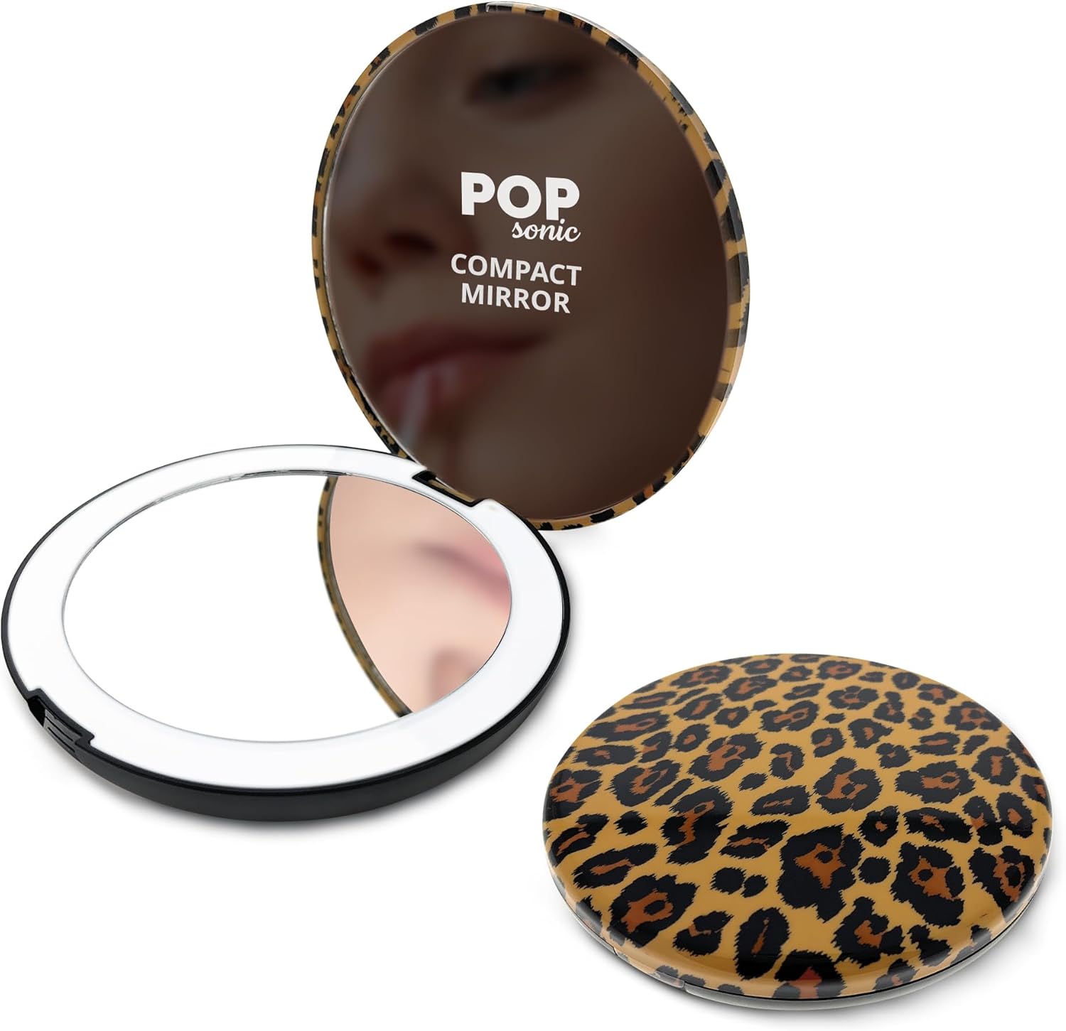 Circle LED Compact Mirror – Adjustable Brightness Light Up Travel Mirror w/ 1x/5x Magnifiers – Portable Makeup Mirror w/LED Lights (Leopard)