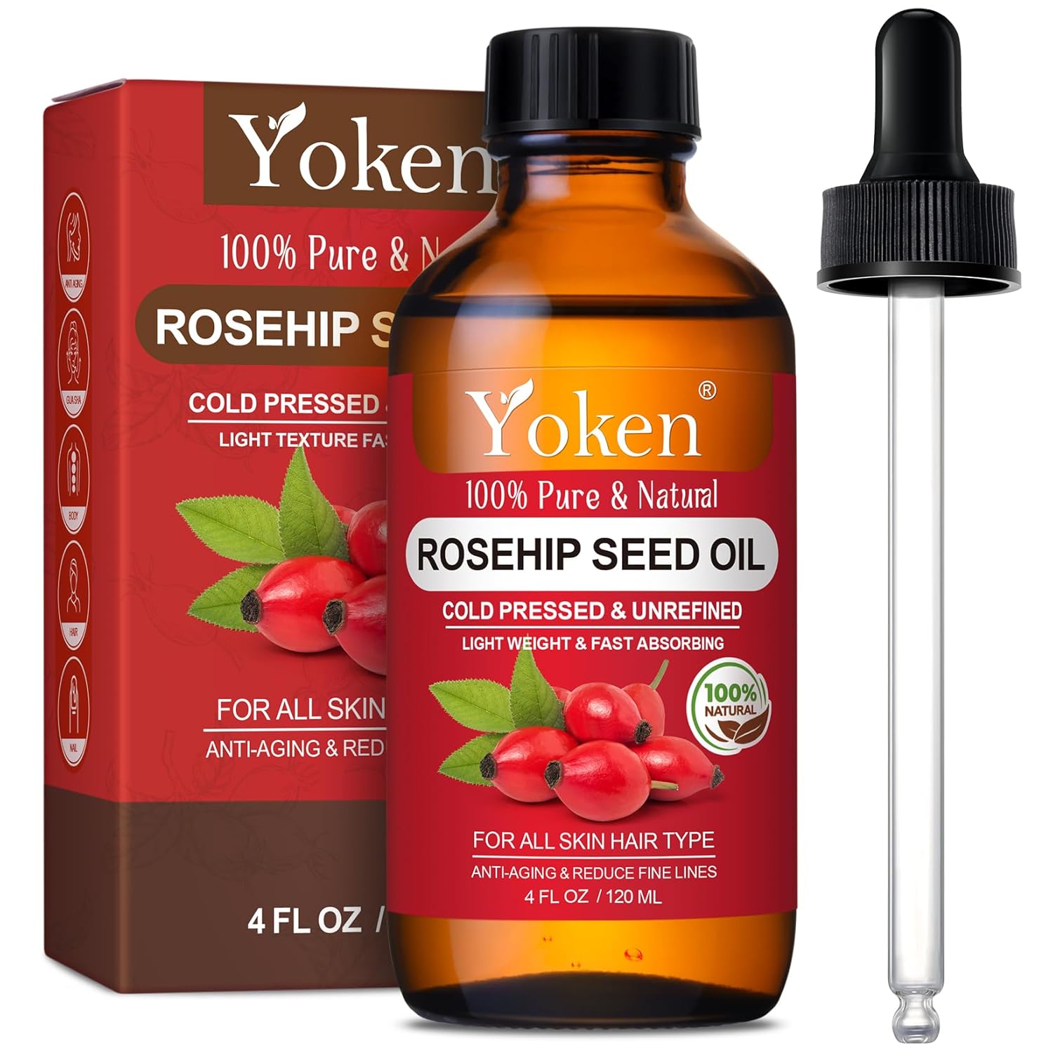 Yoken Organic Rosehip Seed Oil For Face,100% Pure Rosehip Oil For Skin,Scars,Hair & Nails.4 fl Oz Cold Pressed Rose Hips Oil For Skin Care,Anti-Aging,Scar Treatment,GUA SHA Massage Carry Oil Non Gmo