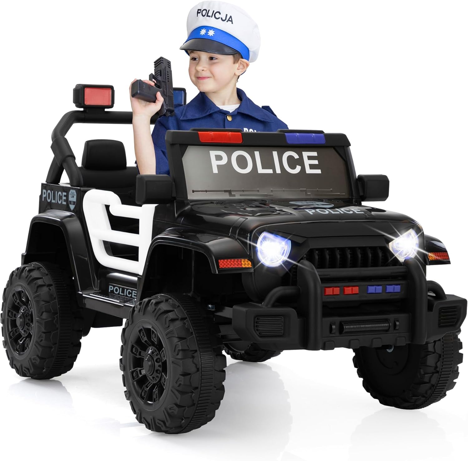 TOBBI Police Car Ride On 12V Electric Kid Car to Drive Ride On Toys with Parental Remote Battery Powered Police Jeep Cop Cars Ride On Truck for Toddlers, Black