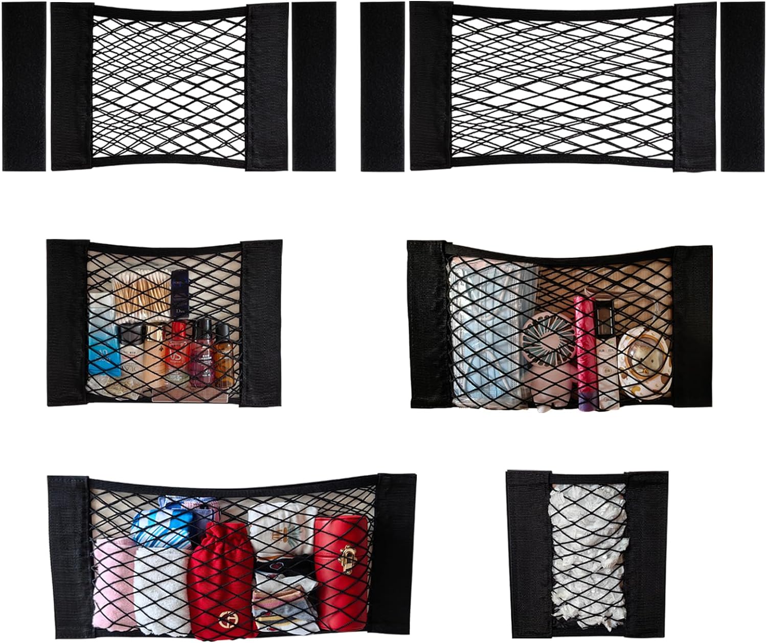 6Pack Mesh Cargo Net Car Storage Net Wall Sticker Organizer Pouch Bag Elastic Mesh Net with Tape Stickers for Trunk Storage Mesh Storage Holder for Cabinet Organize 6PCS (Different Sizes)