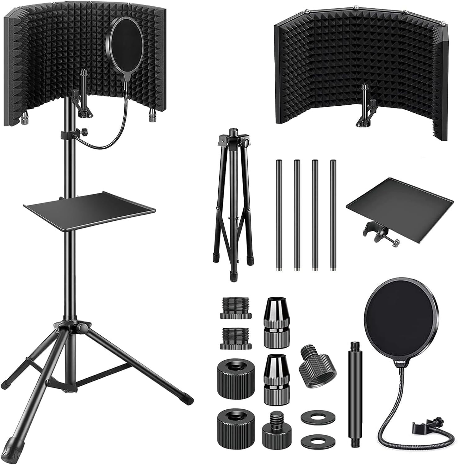 Aokeo Studio Recording Microphone Isolation Shield with Pop Filter & Tripod Stand, High Density Absorbent Foam to Filter Vocal, Foldable Sound Shield for Blue Yeti and Condenser Microphones