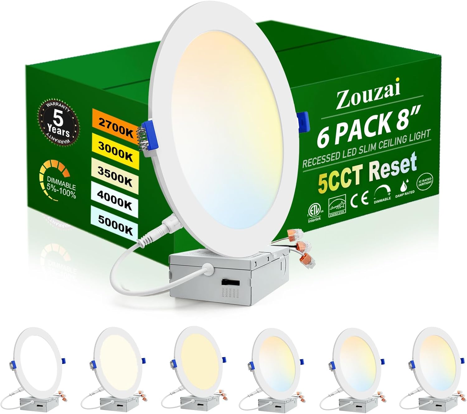 zouzai 6 Pack 8 Inch 5CCT Ultra-Thin LED Recessed Ceiling Light with Junction Box, 2700K/3000K/3500K/4000K/5000K Selectable, 18W 1685 LM, Dimmable, led can Lights – ETL and Energy Star Certified