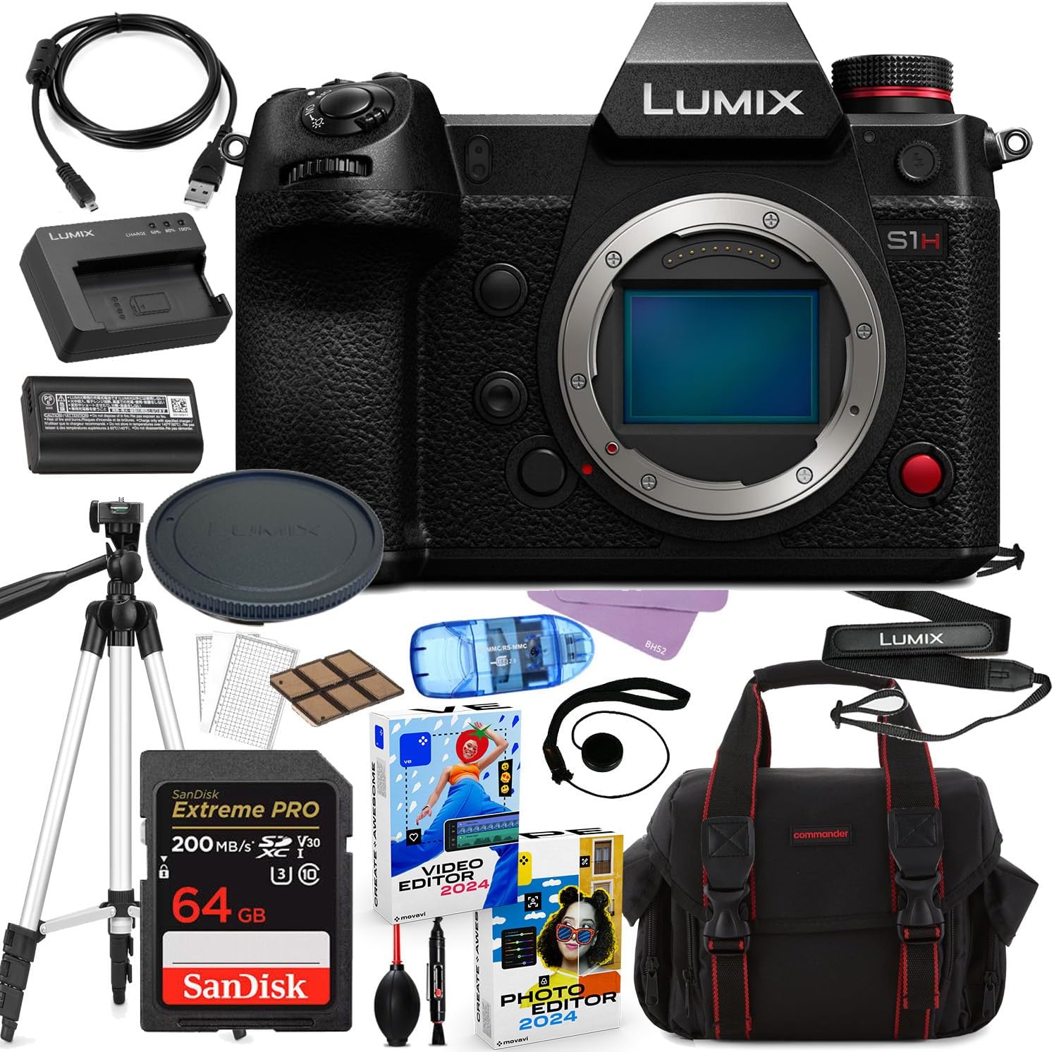 Panasonic Lumix S1H Mirrorless Camera (Body Only) Bundle + Accessories Including 64GB Extreme Pro Memory, Case, Tripod, Photo/Video Software Package and More (27 Items)