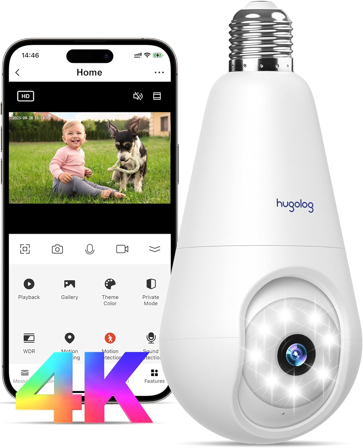 Hugolog 4K Light Bulb Security Cameras Wireless Outdoor-2.4GHz Cameras for Home Security Indoor with AI Sound Processing&Motion Detection,Color Night Vision,Auto Tracking,Siren Alarm,2-Way Audio