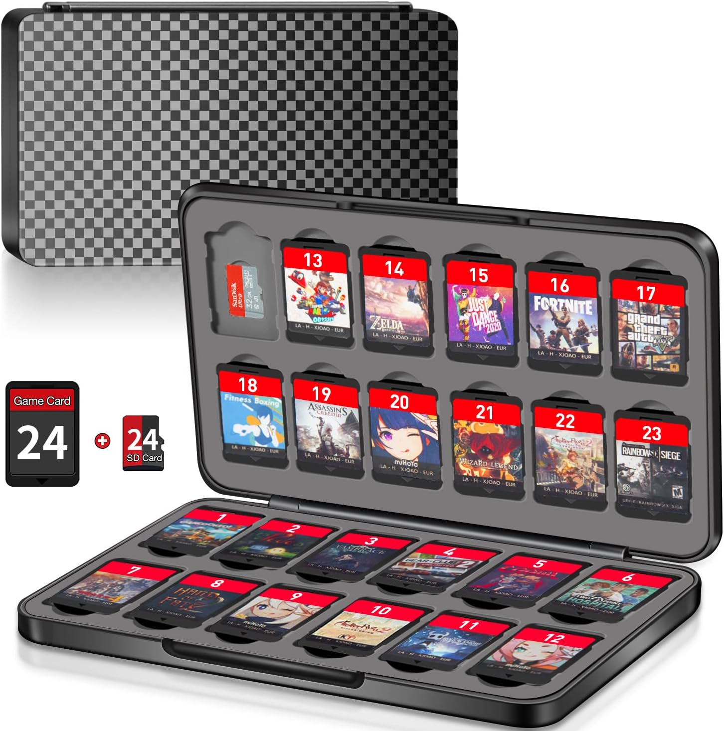 Switch Game Case Holder with 24 Cartridge Slots and 24 Micro SD Card Storage, Slim Portable Game Organizer Traveler Gift Accessories with Magnetic Closure, Protective Hard Shell and Soft Lining