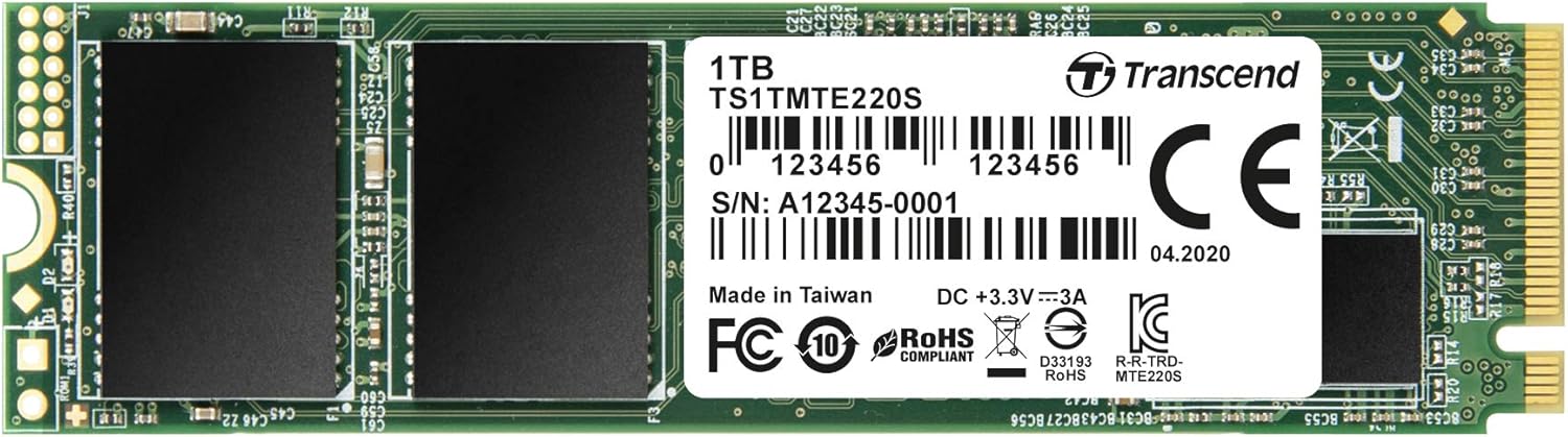 Transcend TS1TMTE220S 1TB M.2 NVMe PCIe Gen3x4 80mm Internal Solid State Drive with Speeds up to 3,500MB/s