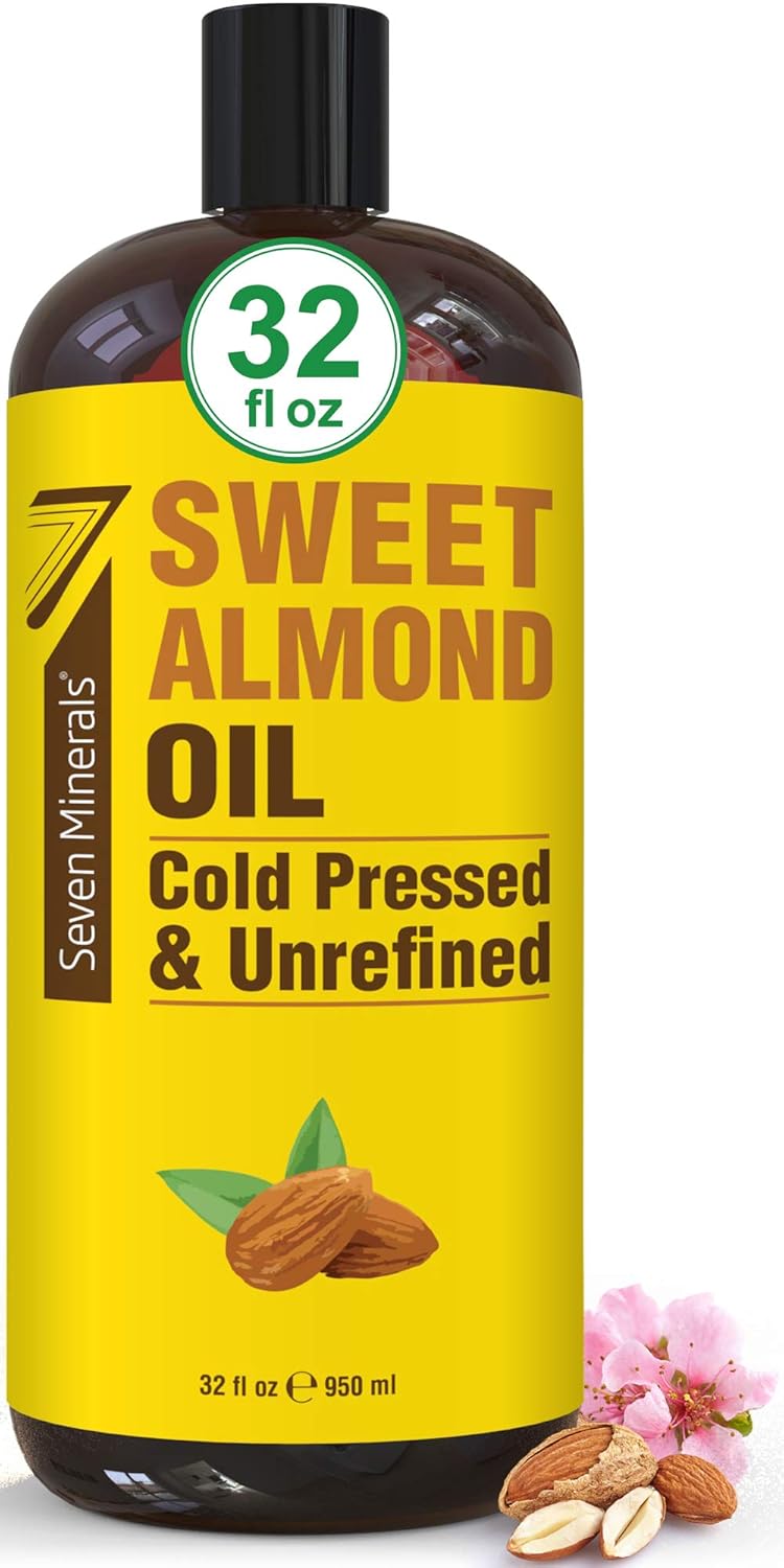 Seven Minerals, Pure Cold Pressed Sweet Almond Oil – Big 32 fl oz Bottle – Unrefined &100% Natural – For Skin & Hair, with No Added Ingredients – Perfect Carrier Oil for Essential Oils