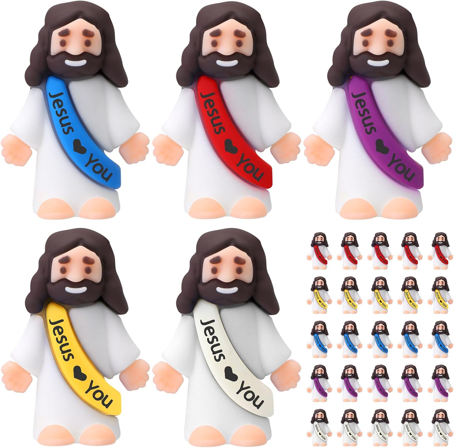 Bememo 25 Pcs Little Jesus Figures Original Design Jesus Love You Mini Rubber Jesus Toys to Hide and Seek Religious Party Favors Sunday School Baptism Gifts Stuffers(Lively Colors)