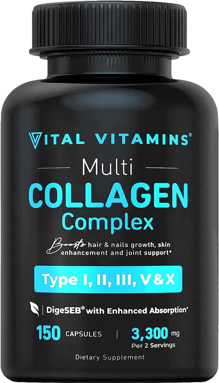 Vital Vitamins Collagen for Women & Men – Type I, II, III, V, X Multi Collagen Pills – Grass Fed, Non-GMO – 150 Capsules