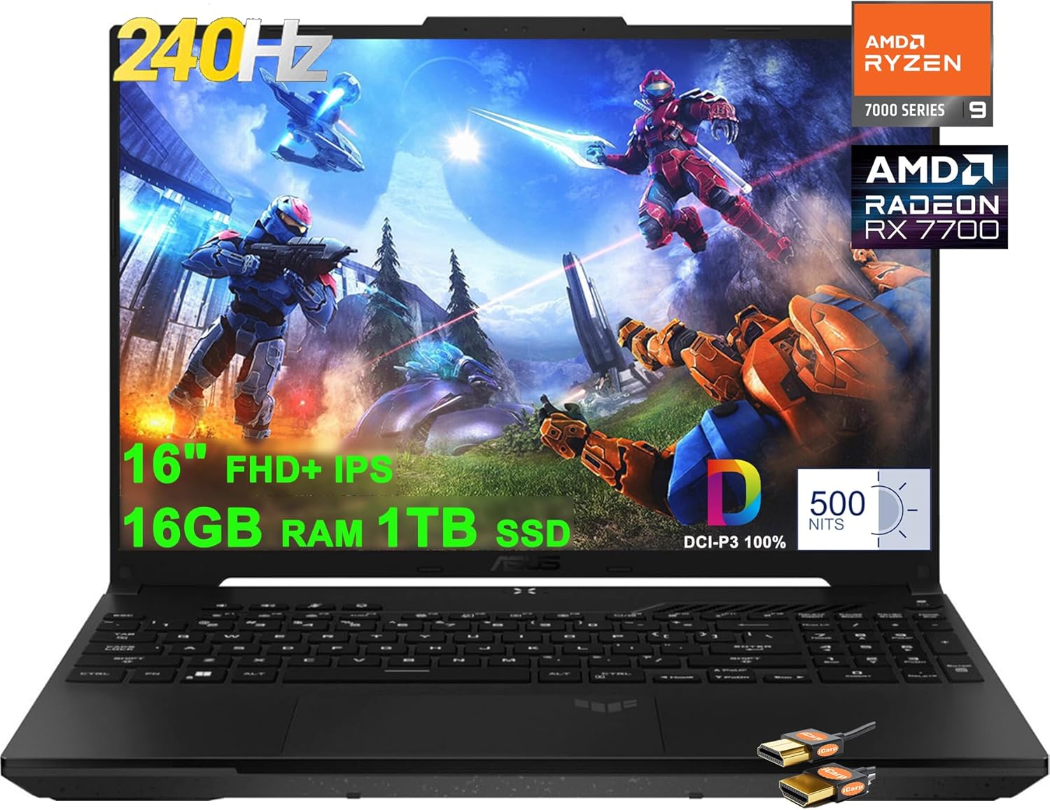 ASUS TUF Gaming A16 Laptop 16″ QHD+ 240Hz (500nits DCI-P3 100% 3ms) AMD 8-core Zen 4 Ryzen 9 7940HS (>i7-13700H) 16GB RAM 1TB SSD Radeon RX 7700S Graphic (>RTX4060) Backlit USB4 Win11 + HDMI Cable