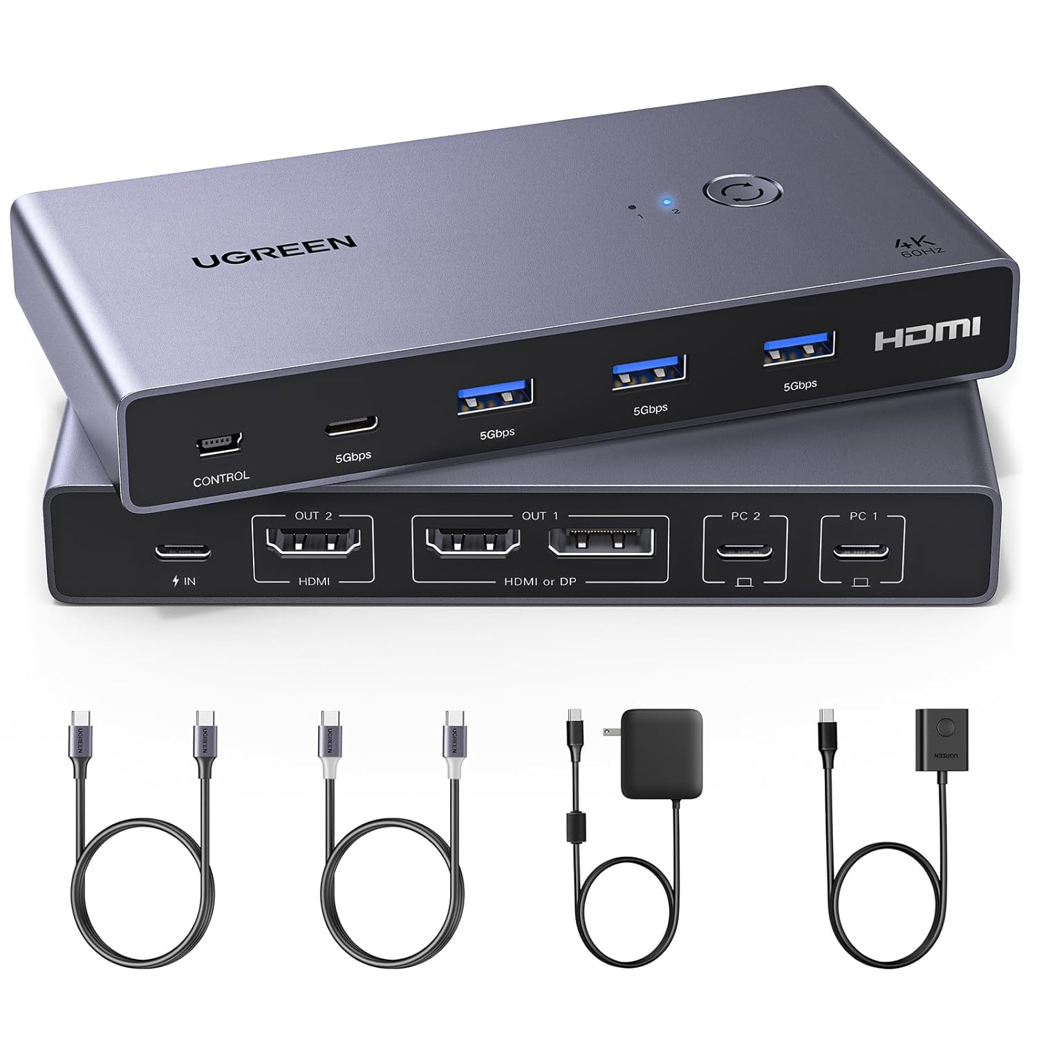 UGREEN USB-C KVM Switch 2 Monitors 2 Laptops with 4 USB 3.0 Ports 4K@60Hz for 2 Laptops Share Dual Monitors Keyboard Mouse Hard Drive Printer with PD100W Power Adapter, 2 USB Cables, Controller