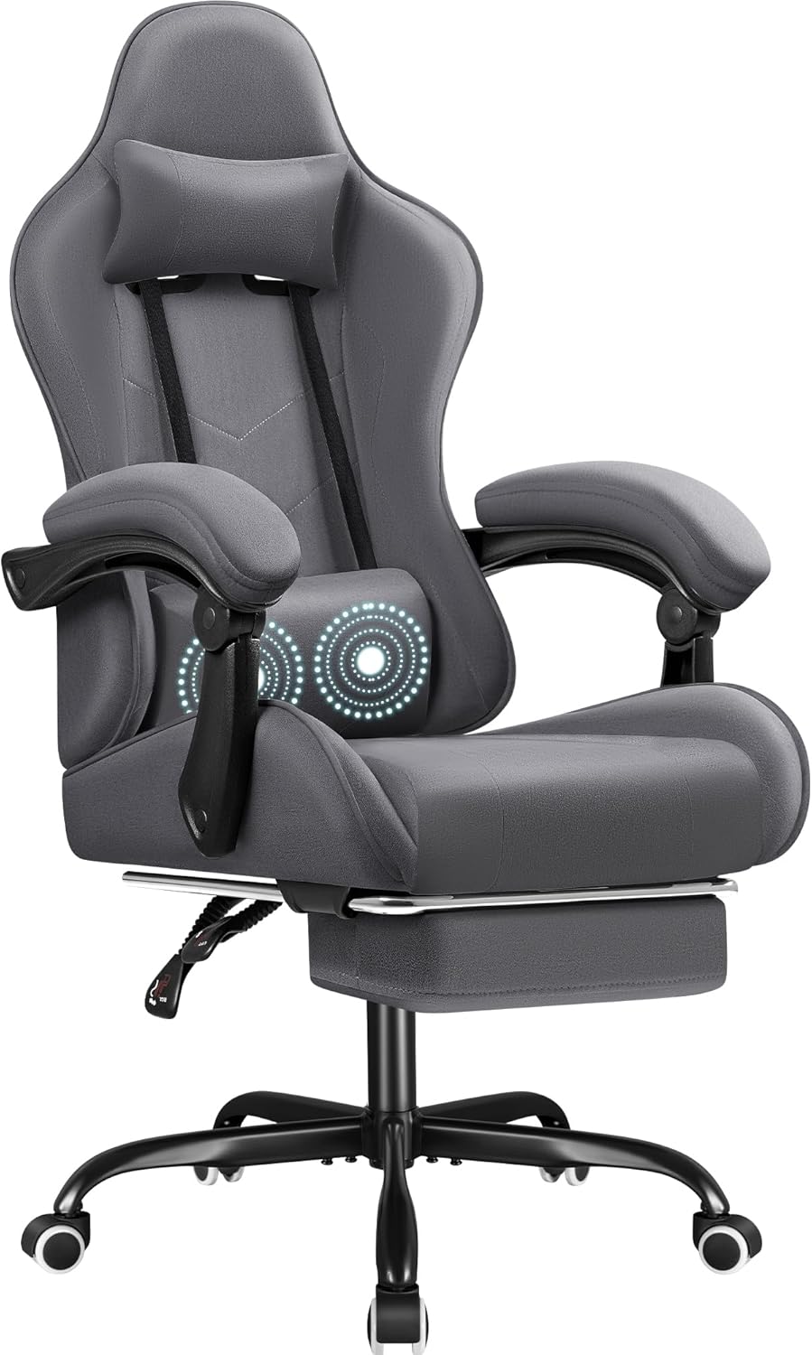 Shahoo Gaming Chair Fabric with Footrest and Massage Lumbar Support, Video Racing Cloth Seat Height Adjustable with 360°Swivel and Headrest for Office or Bedroom, Dark Gray