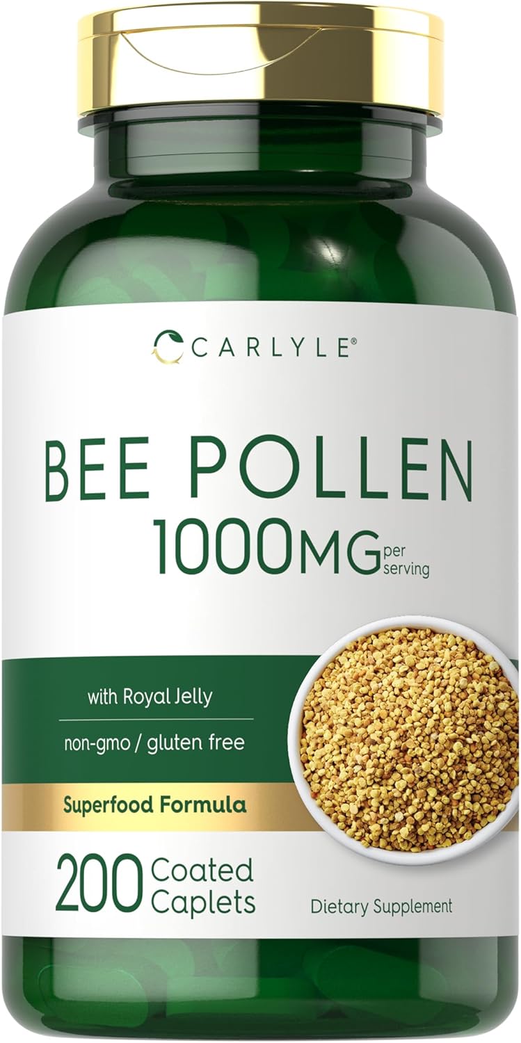 Carlyle Bee Pollen Supplement 1000mg | 200 Caplets | with Royal Jelly and Bee Propolis | Vegetarian, Non-GMO, Gluten Free