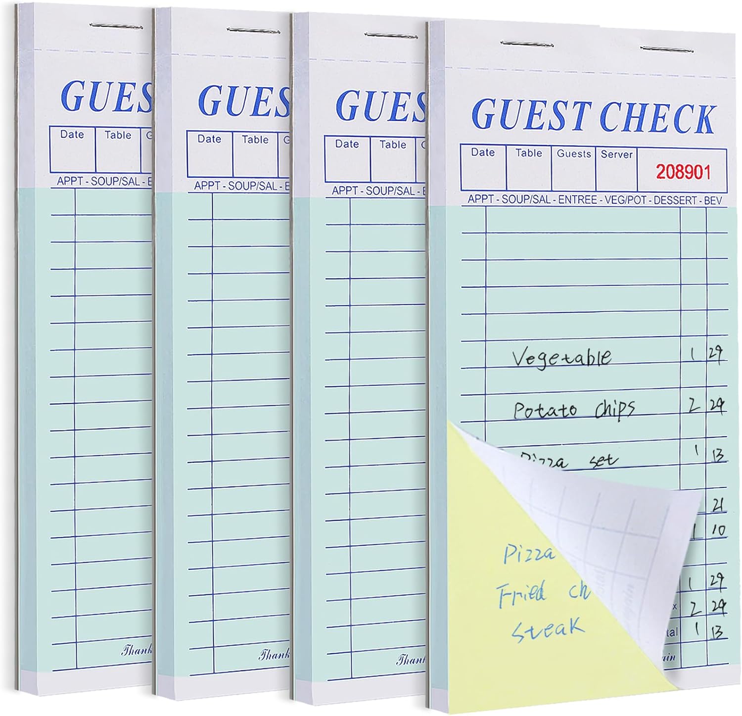 4 Pack Server Note Pads, Double Part Guest Check Books for Servers, Waitress Notepad for Restaurants Food Order, 100 Sheets/Pad, Carbon Copy for Guest Checks