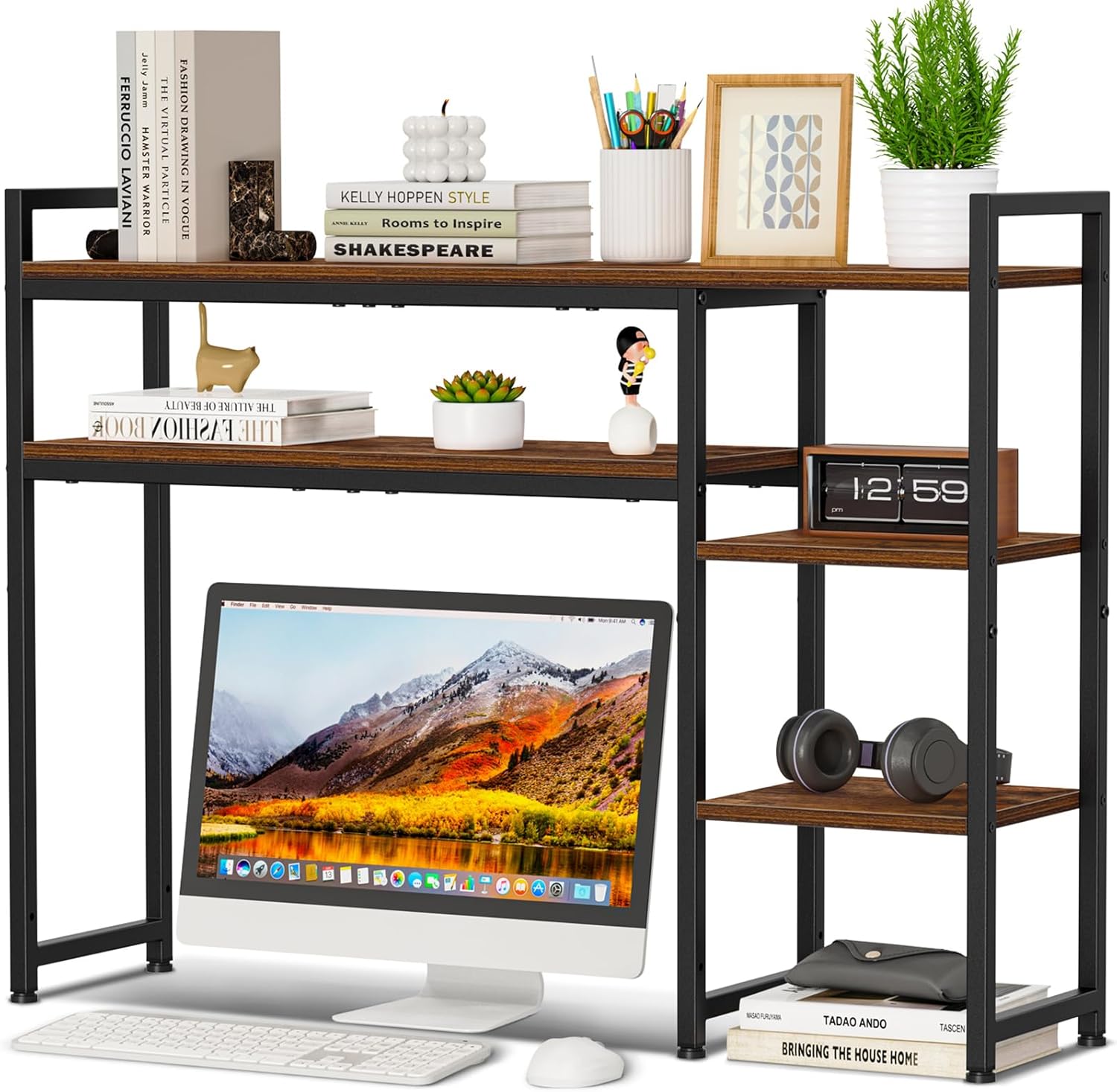 Snughome Desk Shelf, 38.6″ Adjustable Desktop Organizer Shelf, Desk Hutch for Computer Monitor Stands, 4 Tier Desktop Display Rack, Wood Desktop Bookshelf Storage Rack for Home Office Dorm