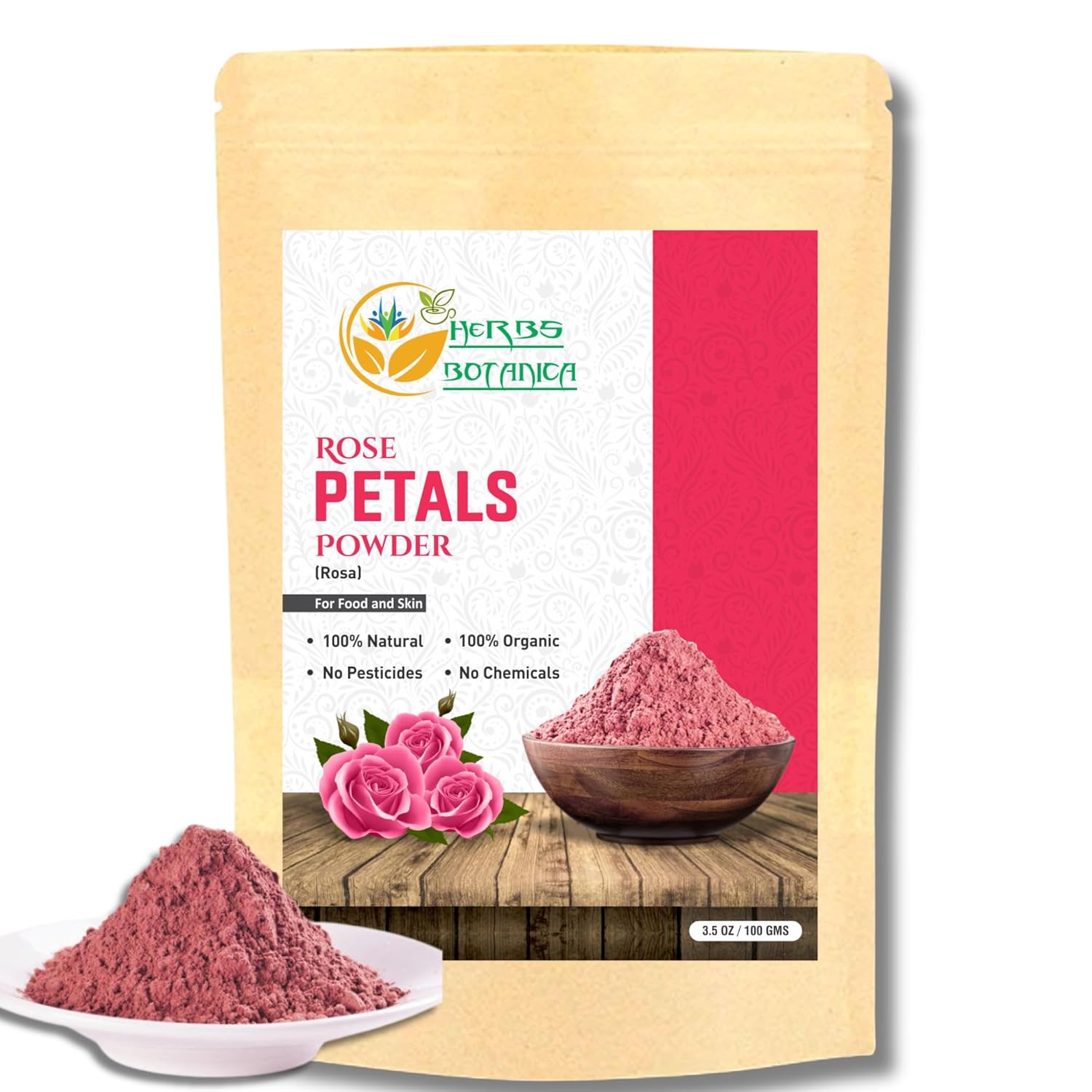 Herbs Botanica Rose Petal Powder Organic For Face Mask DIY masks Skin Care, Aromatherapy | Natural and Chemical Free No Added Preservatives or Colors 100g / 3.52 oz